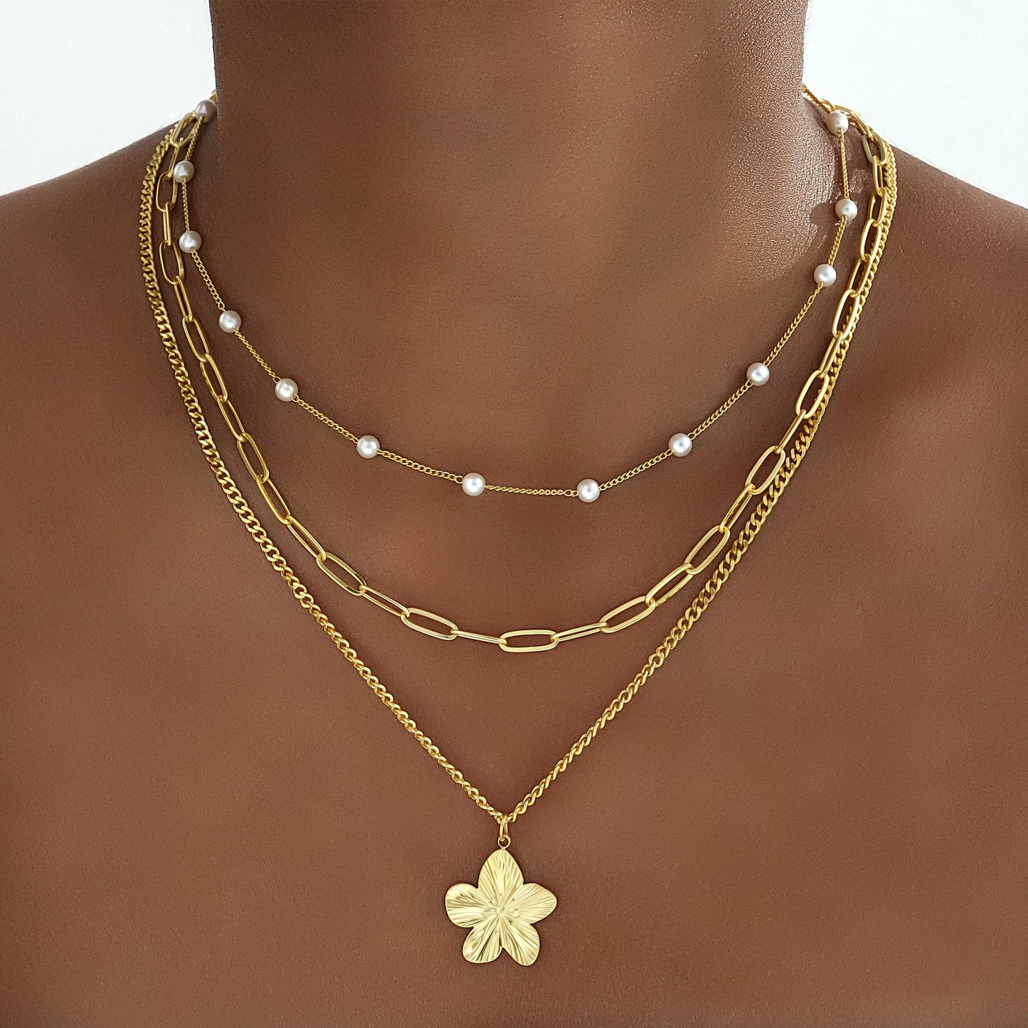 YEEZII Layered Gold Necklaces for Women Trendy, 3 Pcs 14K Gold Plated Choker Paperclip Box Chain Necklace, Stackable Women's Gold Pendant Necklaces Jewelry Set (Gold-3 Pcs-Flower)