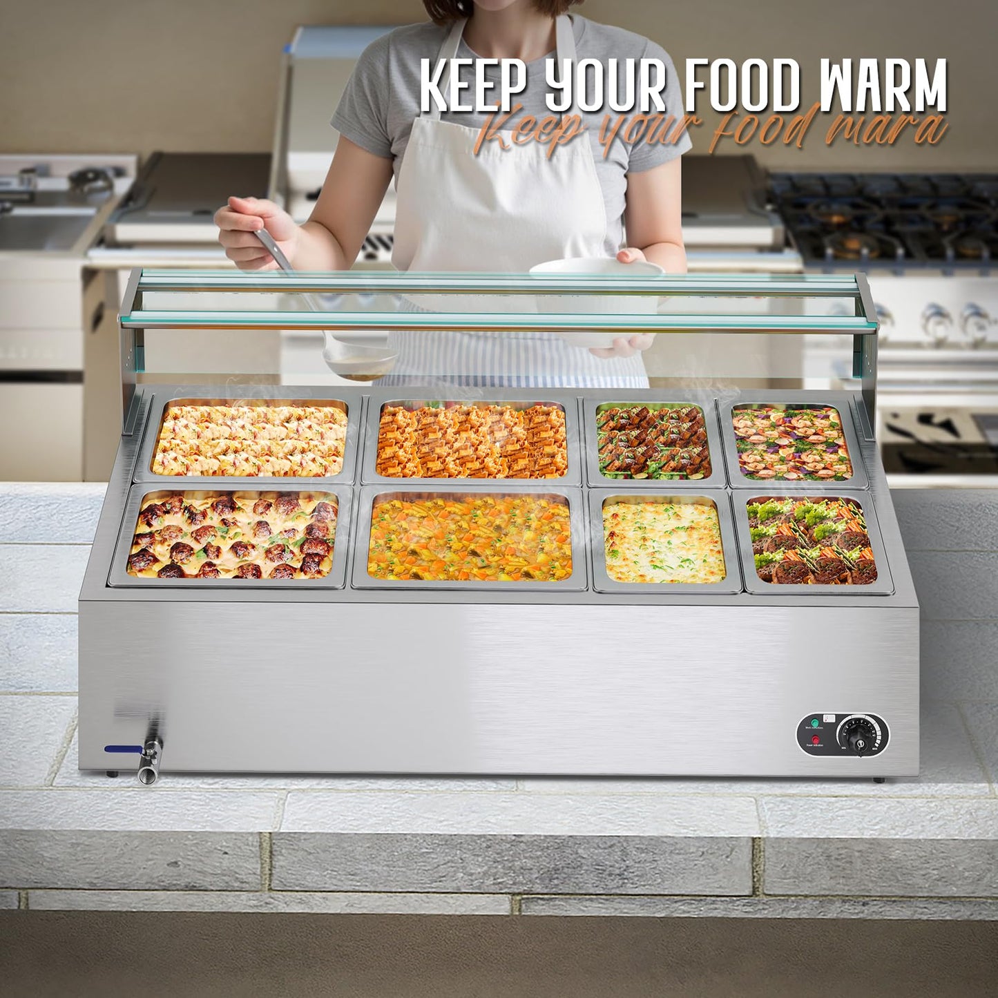 Jocisland 8-Pan 72QT Commercial Food Warmer, 1500W, Stainless Steel with Glass Lid & Food Tongs, 86-185°F Adjustable Heat for Catering and Restaurants, 110v
