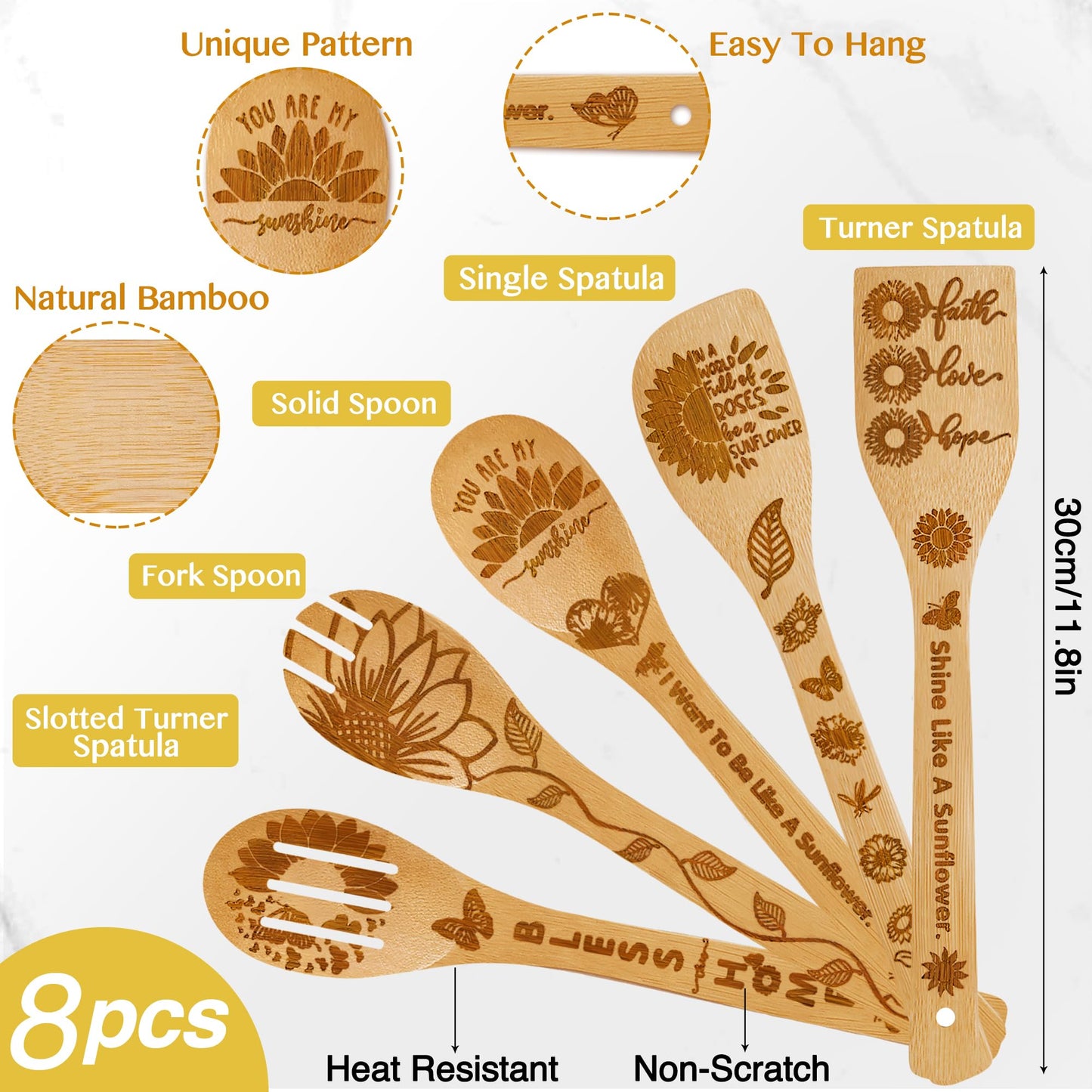 8PCS Sunflower Kitchen Bamboo Cooking Spoon Utensil Set with Apron Oven Mitt Pot Holder -Sunflower Themed Decor Gifts for Women,Mom,Housewarming,Christmas,Birthday Gift