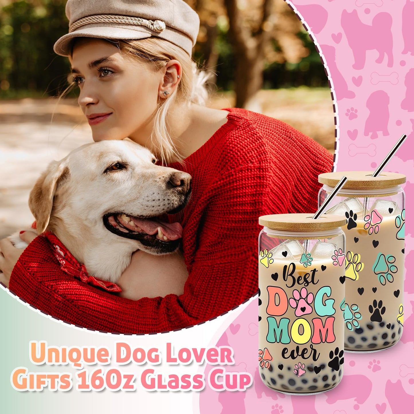 9 Pieces Dog Mom Gifts for Women, Best Dog Lovers Gifts for Women with 16oz Glass Cup, Baseball Cap, Tote Bag, Makeup Bag, Socks, Bracelet, Keychain for Dog Lover Birthday Christmas Mothers Day Gift