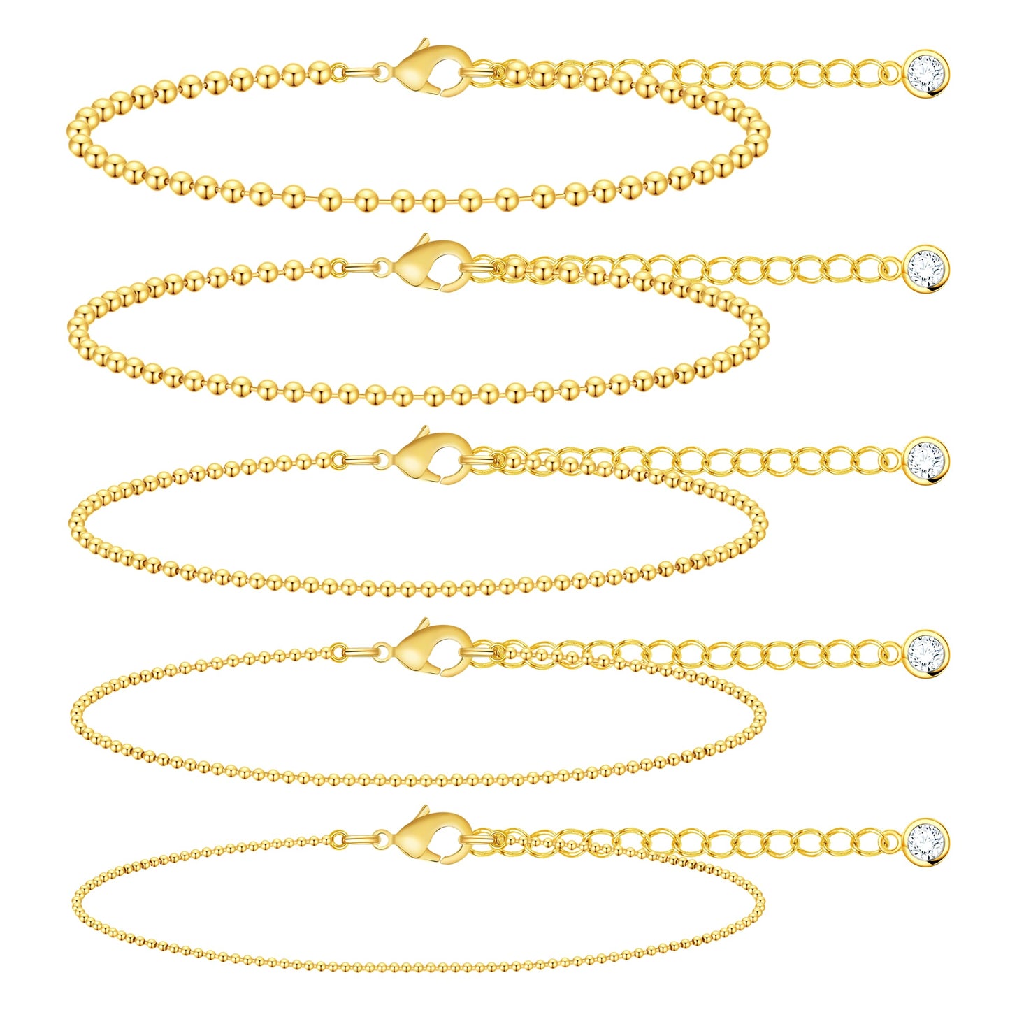 Poxtex Gold Plated Beaded Bracelets for Women No Tarnish Gold Plated Waterpoof Dainty Bracelets Set 7”+2” Adjustable Layered Bracelets for Women Trendy Stackable bracelets for Women Jewelry Gifts