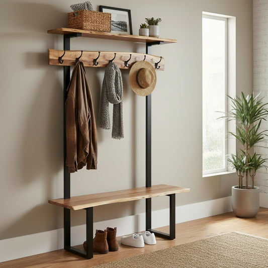 Alpine Live Edge Hall Tree with Bench and Coat Rack – Modern Rustic 48-Inch Solid Wood Entryway Organizer with Shelf, 7 Double Coat Hooks, & Bench for Mudroom or Foyer by Alaterre Furniture (Natural)