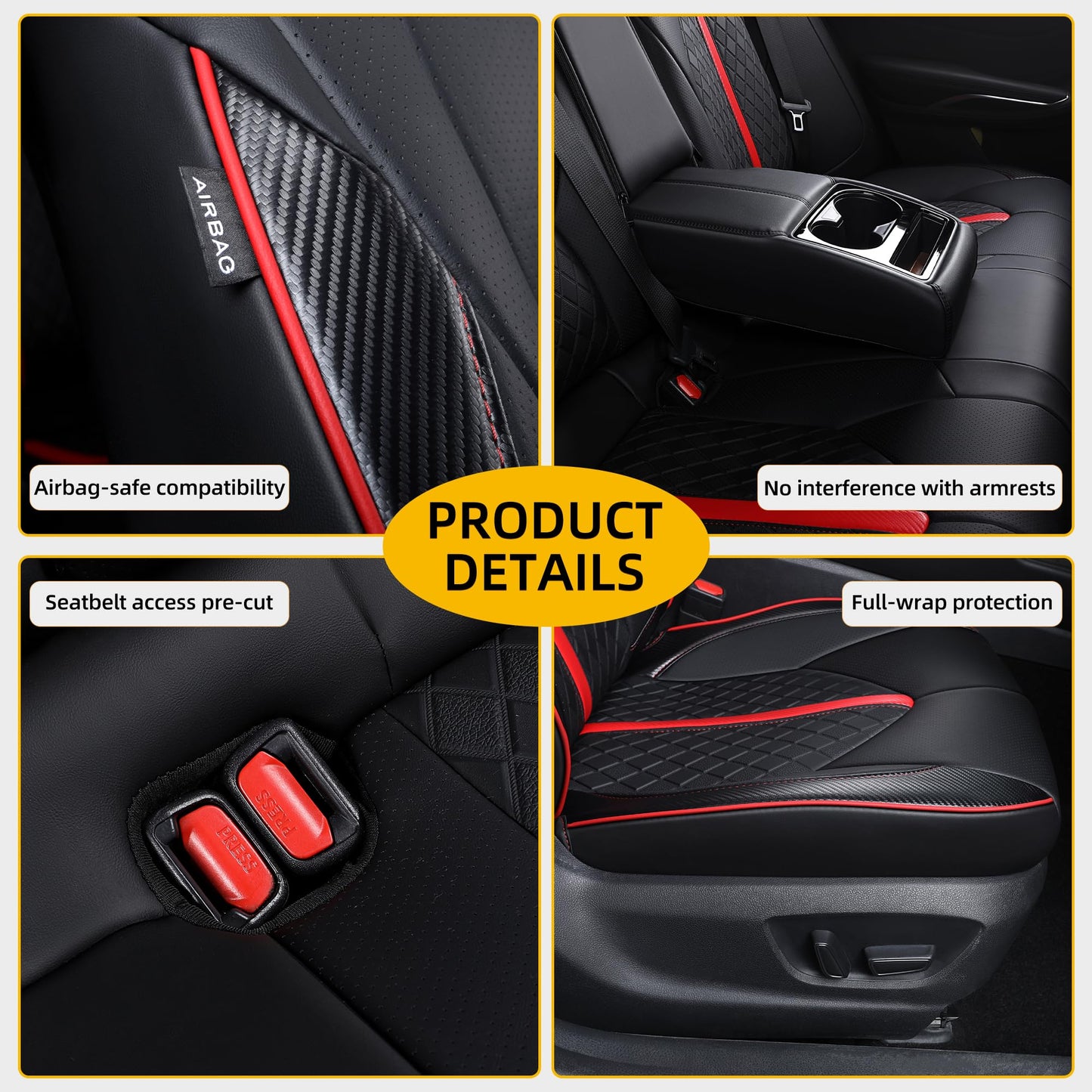 OURPLOT Custom Fit Camry Seat Covers for 2018-2024 Toyota Camry Hybrid LE SE, Waterproof Faux Leather Full Coverage Car Seat Protectors Full Set (Black+Red)