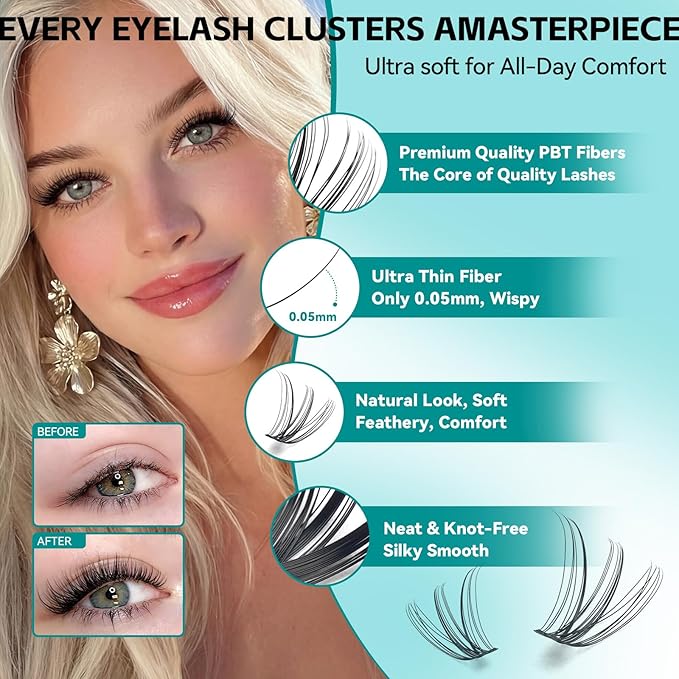 Wispy Lash Clusters Kit, D Curl Lashes Clusters Natural Look 9-16mm Individual Super Thin Band DIY Cluster Eyelash Extensions Kit with Bond Seal Tweezers Brush Remover (60D 80D Mix)