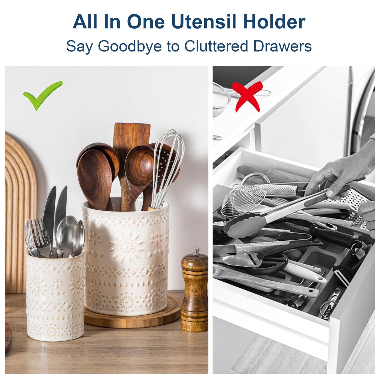 LOVECASA Utensil Holder, 7.2"+5.4" Ceramic Utensil Holder for Countertop, Large Cooking Utensil Crocks for Kitchen Counter, Farmhouse Utensil Vase for Housewarming, Kitchen Decor, Set of 2, Oasis