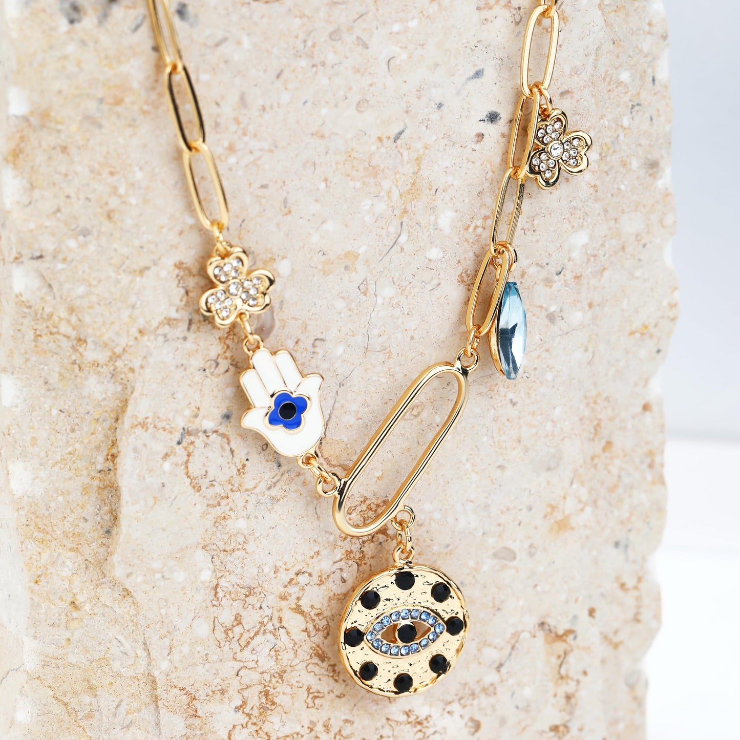 MISS RIGHT Charm Necklace for Women Dainty Gold Evil Eye Hamsa Hand Coin Lucky Pendant Vintage Paperclip Chain Clover Flower Chunky Charm Necklace Jewelry Gifts CLOVER