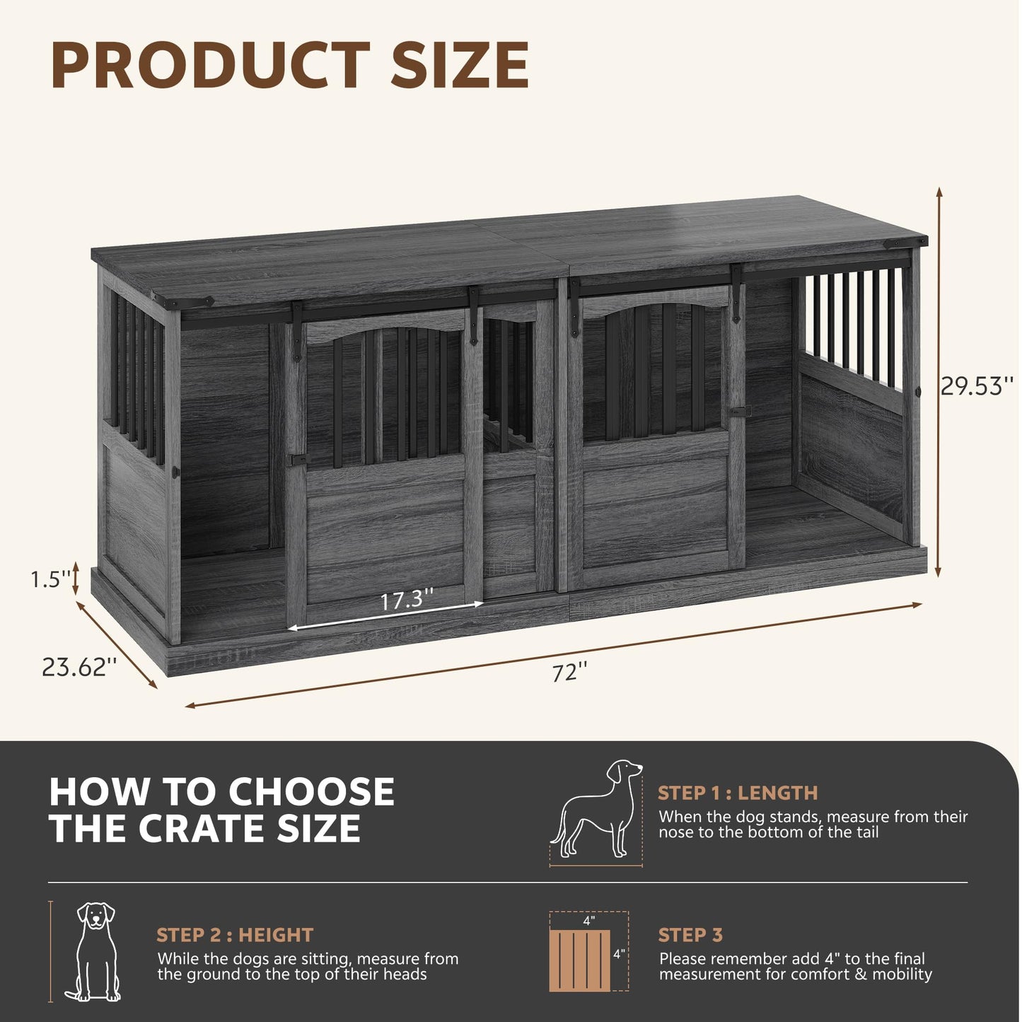 Homiflex Double Dog Crate Furniture with Barn Sliding Doors, 72" Large Dog Kennel Furniture Indoor with Divider for 2 Medium Large Dogs, Heavy Duty Wooden Dog Cage Decorative TV Stand, Grey