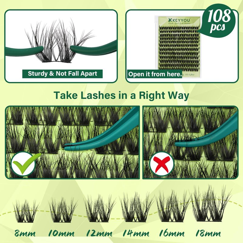 KEYYOU Lash Clusters 3D Effect Eyelash Clusters 108pcs D Curl PuffSilk V3D05 Wispy Lashes Cluster Lashes Natural Soft DIY Lash Extension at Home(PuffSilk V3D05-D-8-18MIX)
