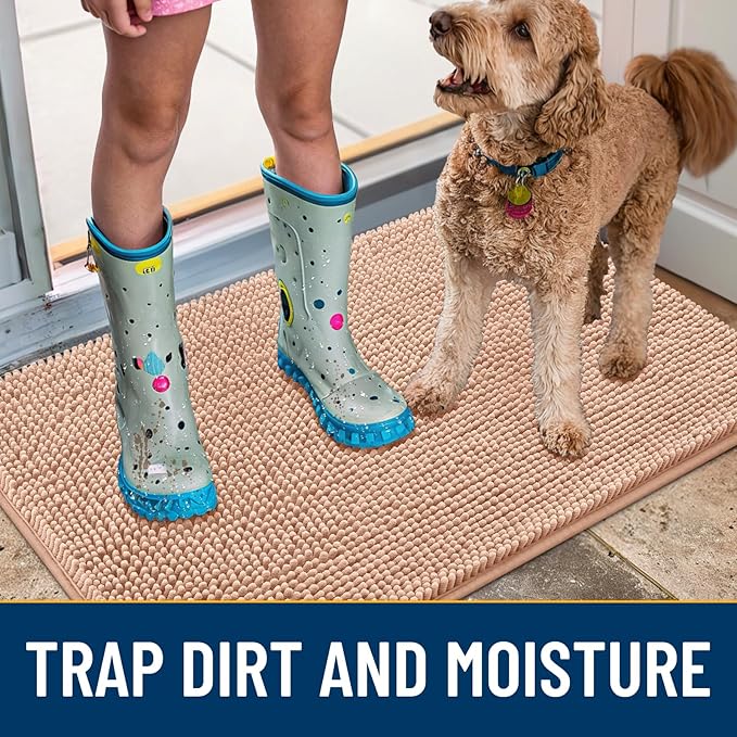 Smiry Dog Door Mat for Muddy Paws 47x32, Absorbs Moisture and Dirt Doormat, Non-Slip Washable Quick Dry Chenille Front Door Mat Indoor Entrance, Entryway Carpet for Inside Floor, Peach