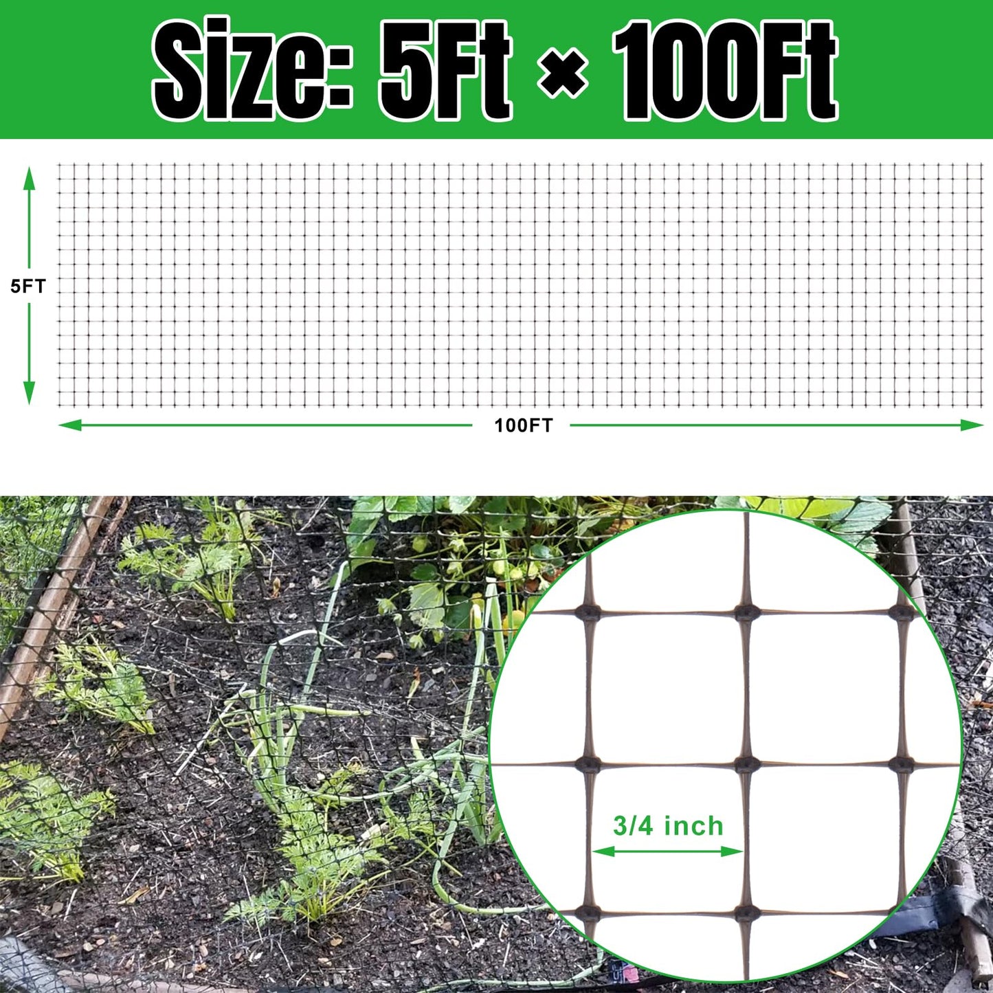 NONMON Bird Netting 5 x 100 FT Heavy Duty Garden Netting Deer Fence Netting Pest Barrier for Protect Fruit Trees, Plants and Vegetables Against Birds, Deer, Squirrels, Black
