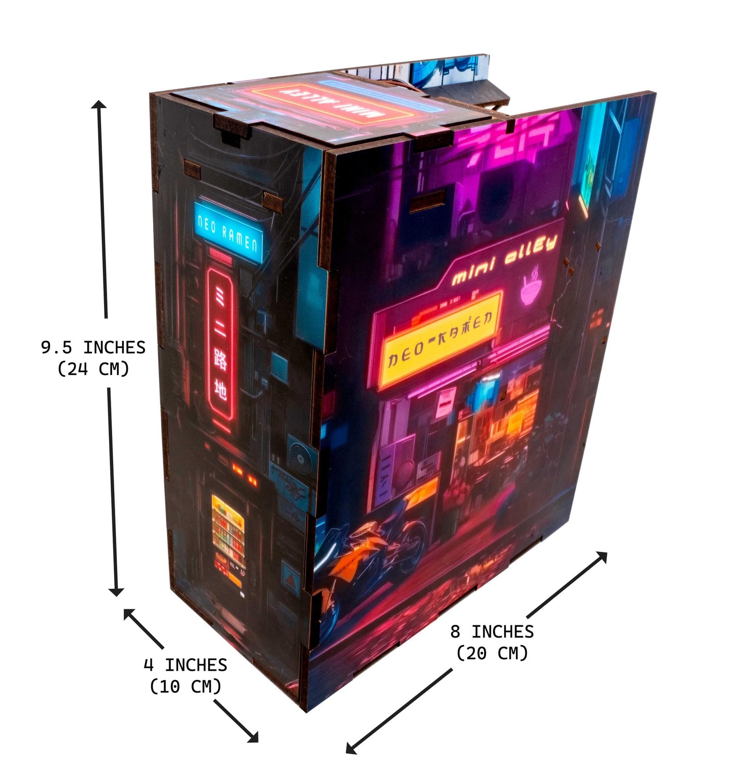 Neo Ramen MiniAlley DIY Cyberpunk Book Nook Kit – Wooden Diorama with Neon Lights, Futuristic Ramen Shop & Endless Alley Illusion – Unique Collectible Display for Bookshelf or Desk