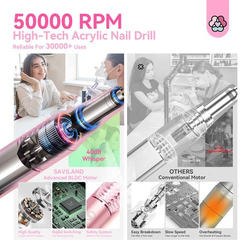 SAVILAND 50000RPM Electric Nail Drill Professional: Rechargeable Portable Efile Nail Drill Kit Strong-Power Nail File Electric 2 Ceramic Bit 11 Drill Bits for Nail Tech Fast Remove Acrylic Nail Salon