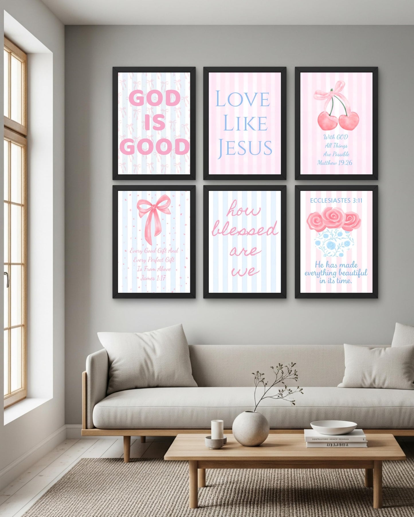 Coquette Pink & Blue Bow Wall Art Decor Posters - Blue & Pink Bow Christian Room Bedroom Bathroom Dorm Wall Art - Christian Inspirational Bible Verses - For College Teen Girls & Boys Gifts- Set Of 6 Pieces 8 x 10 Inch (UNFRAMED)