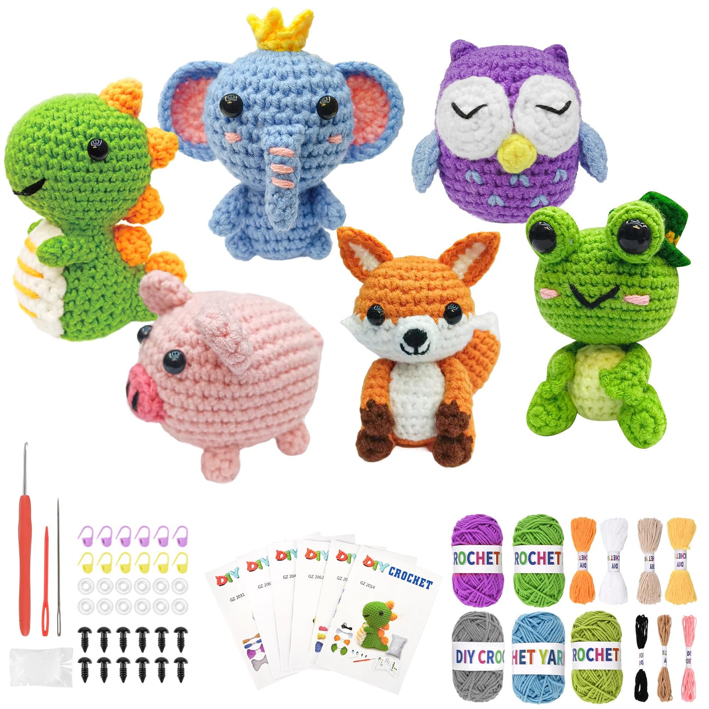 YHOYUJIA 6Pcs Crochet Kit for Beginners, 2026 DIY Craft for Adults, Great Gift for Crochet Lovers, Crocheting Animal Kits with Step by Step Videos,Yarn,Crochet Hook,Birthday Holiday Gift