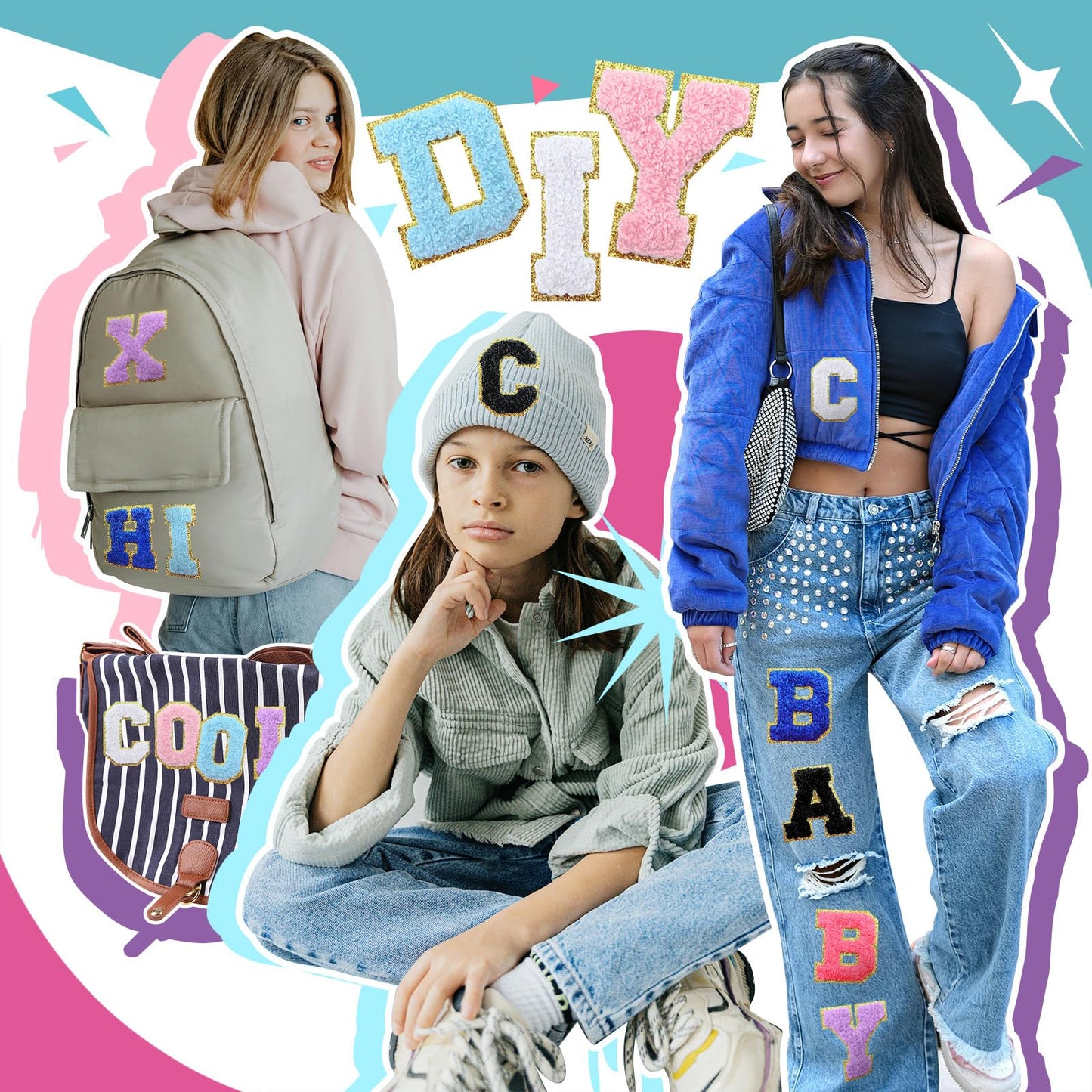 WNSIRVY 52 Pcs Chenille Letter Patches Self Adhesive Iron On Patches for Backpacks, 2.17 Inch Glitter Letter Stickers Preppy Varsity Chenille Patches for Clothing Jackets Hat Laptop (White Letters)