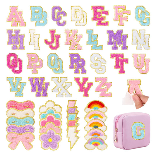 72 Pcs Preppy Chenille Patches Self Adhesive for DIY Clothing,Include 52 A-Z Chenille Letter Patches Stick on,20 Rainbow Flower Lighting Bowknot Embroidered Stickers Patches for Backpacks Bags Hats