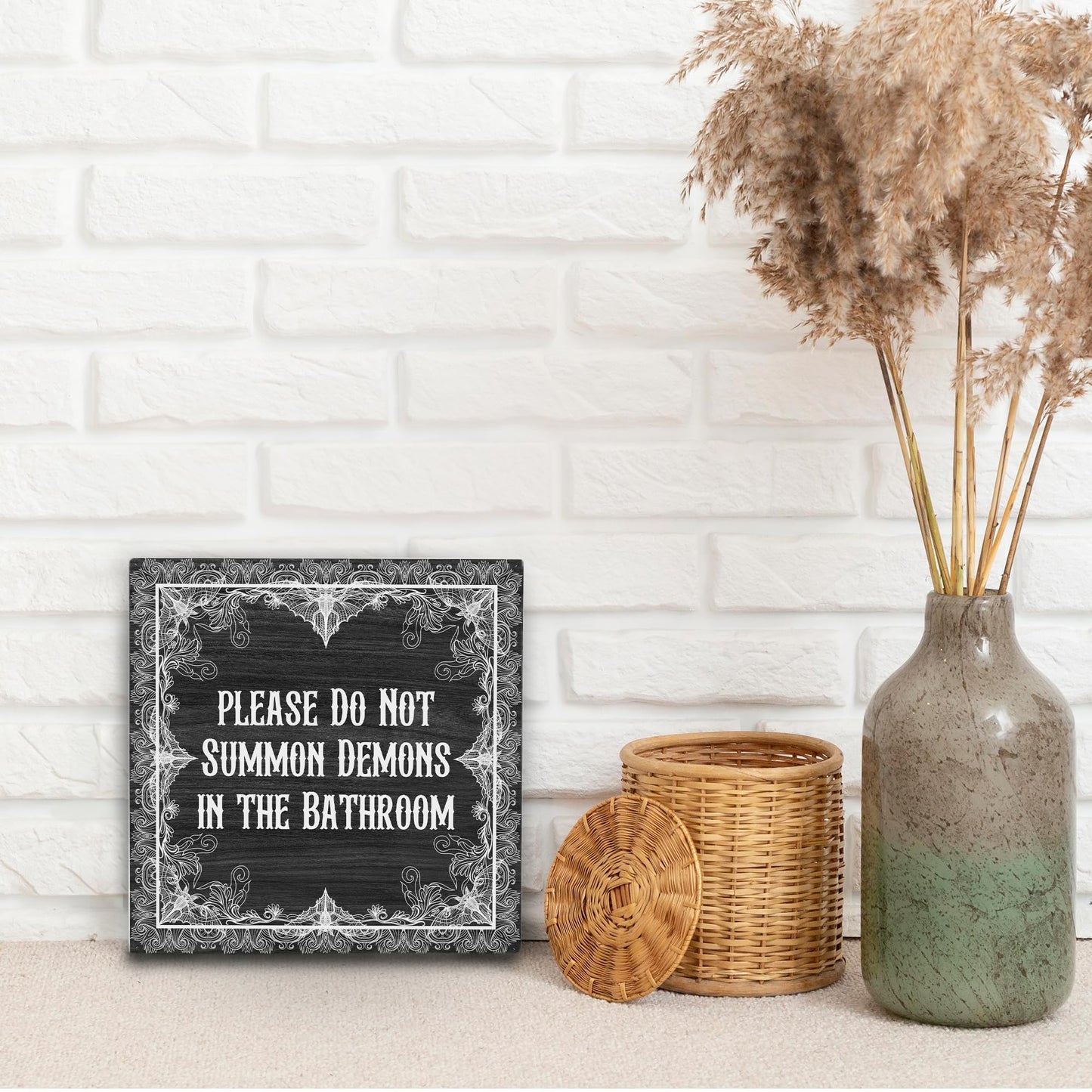 FHUGX Funny Gothic Bathroom Wooden Box Sign,Gothic Halloween Box Sign,Please Do Not Summon Demons In The Bathroom Sign For Home Barthroom Toilet Restroom Decor,Halloween Gothic Bathroom Decor,5x5 Inch