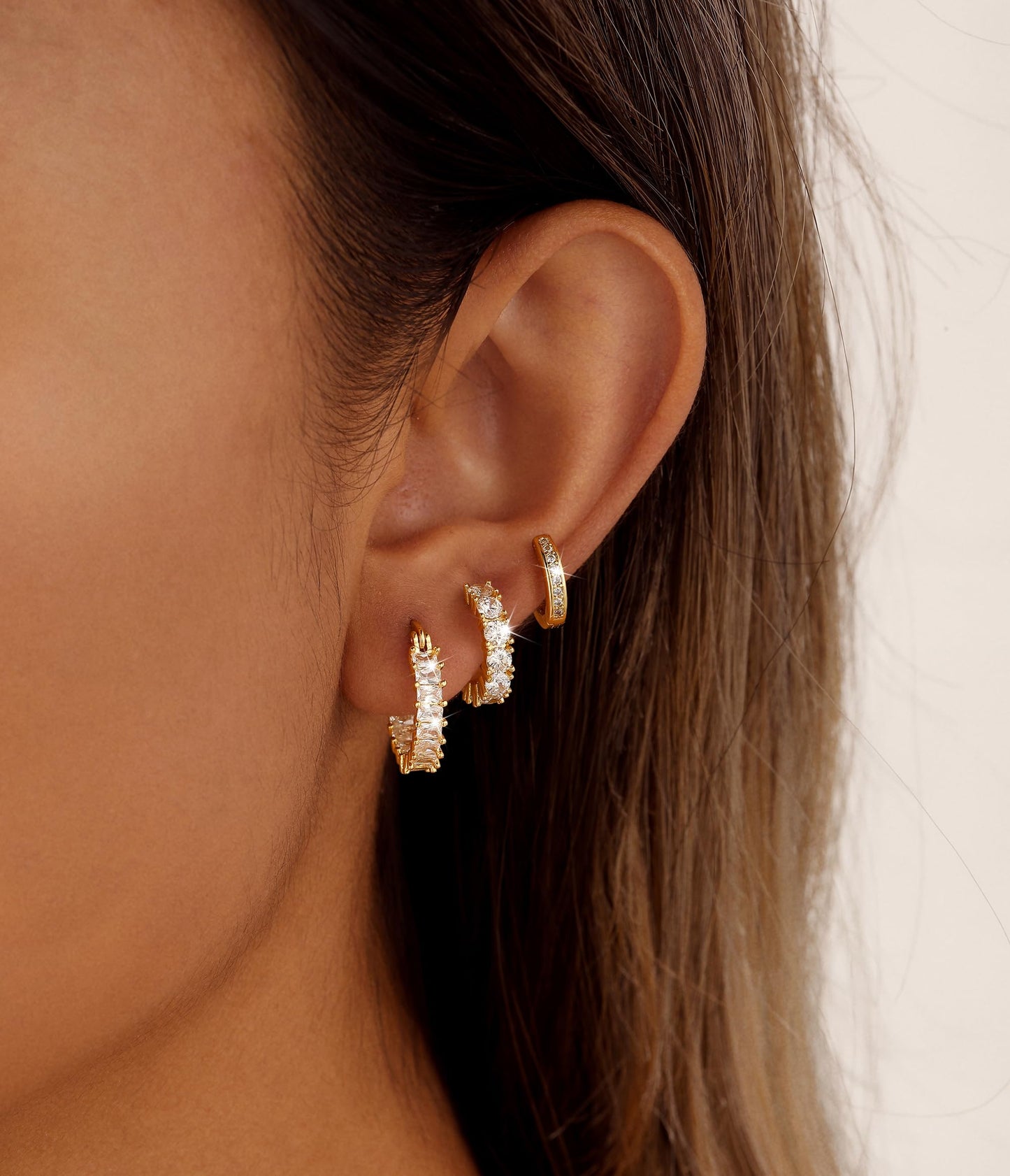 CAROVO 3 Pairs Gold Hoop Earrings for Women Trendy Dainty 14K Gold Plated Cubic Zirconia Huggie Hoop Earrings Stack for Multiple Piercing Jewelry