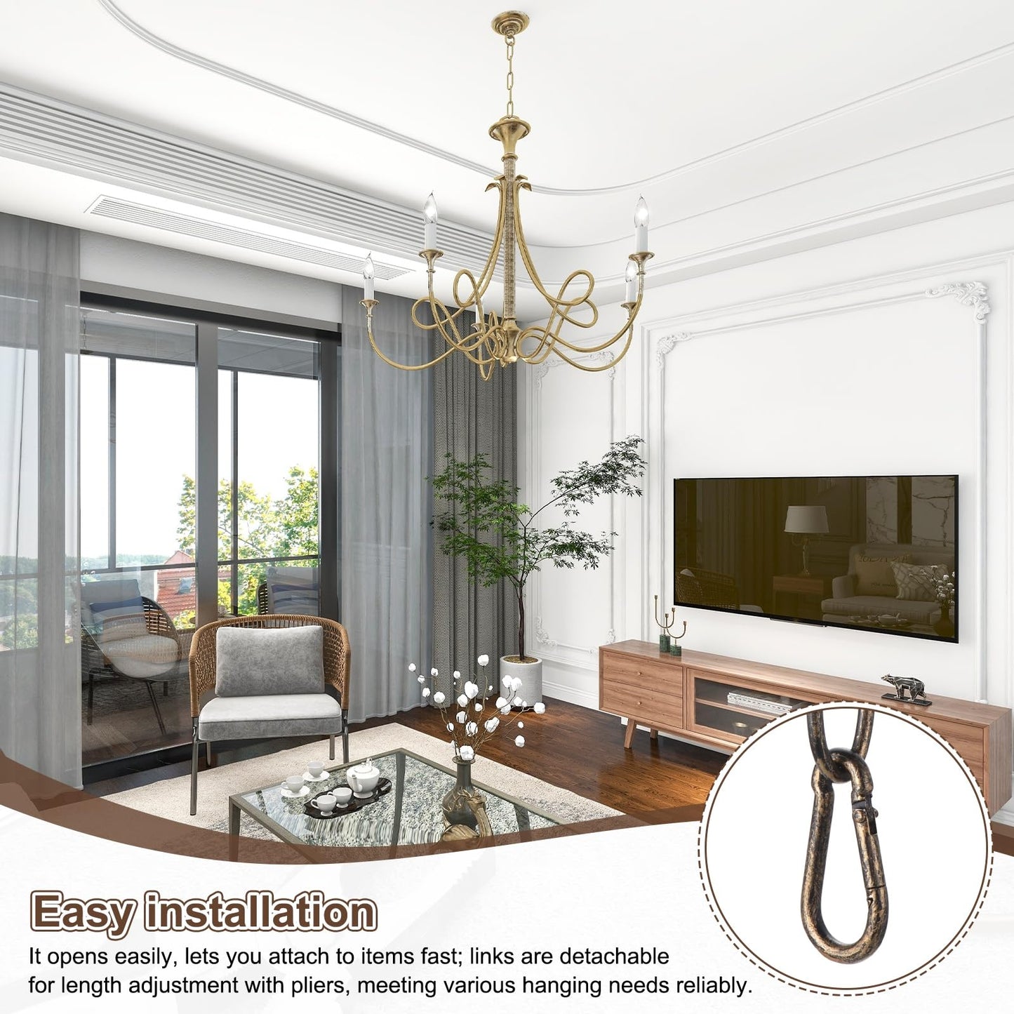 uxcell 7ft Lighting Hanging Chain, 2.8mm/0.11" Looping Metal Pendant Chandelier Chain Extension with 2 Spring Snap Hook for Hanging Plant Pendant Chandelier Light Fixture, Golden