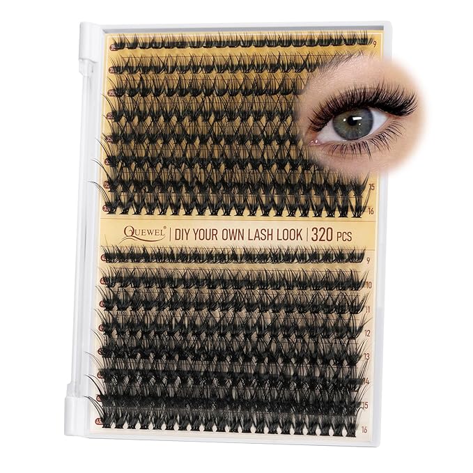 QUEWEL Lash Clusters 320Pcs Cluster Lashes 35D+45D D Curl Lash Cluster Eyelash Extensions Mix9-16mm Individual Eyelashes Clusters Wispy Lash Clusters Thin Band Soft to Use at Home(35D+45D D Mix9-16)
