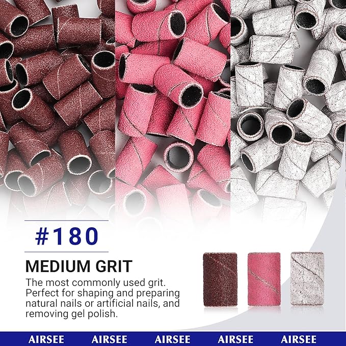 AIRSEE Sanding Bands for Electric Nail Drill 100 Piece Set 180 Grit Medium Acrylic File Attachments Professional 1 Sander Mandrel Bit Beauty Salon Accessories Manicure and Pedicure Finger Callus Pink