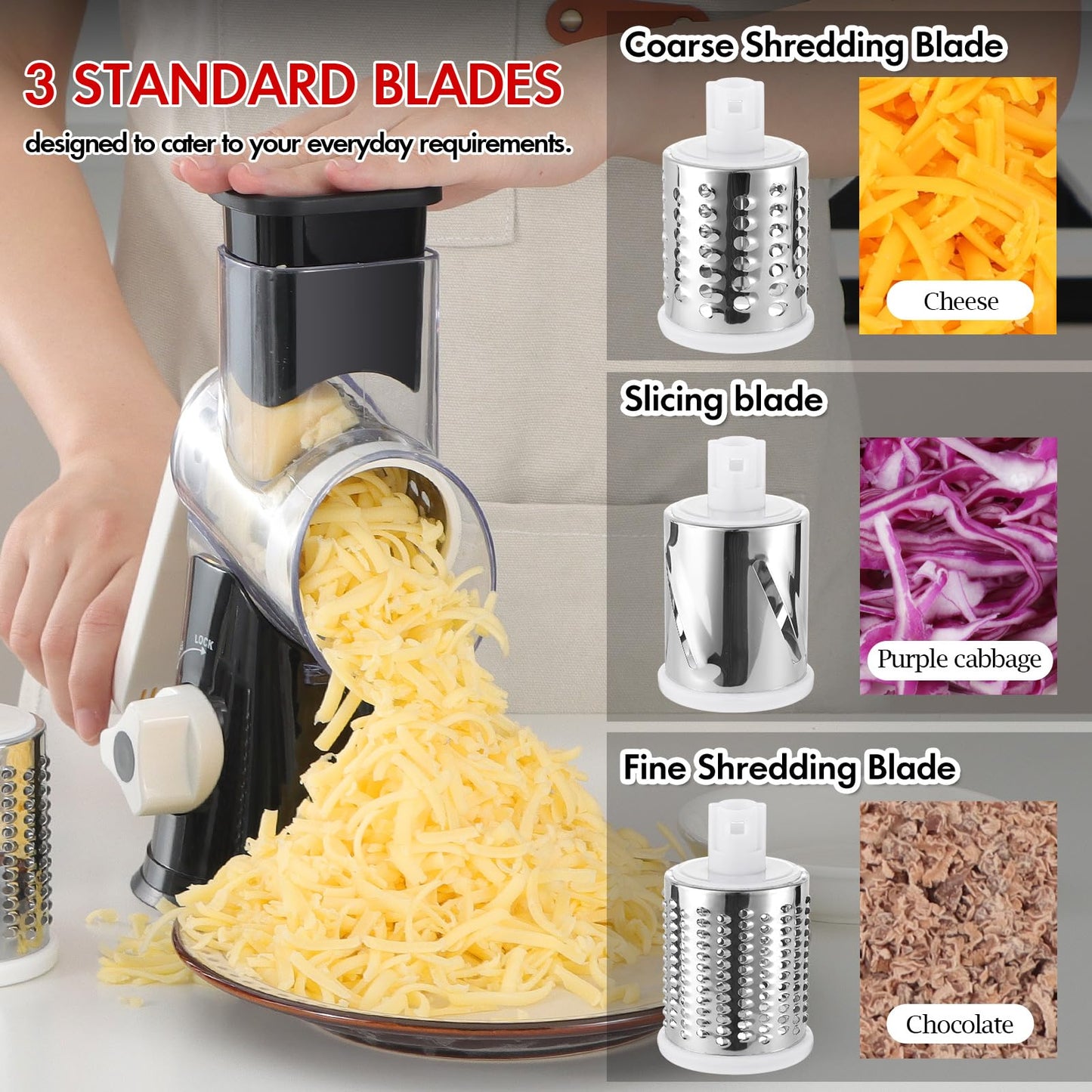 Ourokhome Rotary Cheese Grater Hand Crank, Kitchen Shredder Speed Mandolin Slicer Ice Shaver with Handle and Drum Blades for Cheese, Vegetable, Nuts, Chocolate, Potato, Carrot, 5 Blades, Black