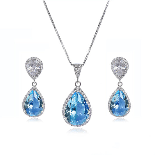 AMYJANE Wedding Jewelry Set for Women - Sterling Silver Teardrop Aquamarine blue Cubic Zirconia Crystal Rhinestone Drop Earrings and Necklace Bridal Jewelry Sets for Bridesmaids