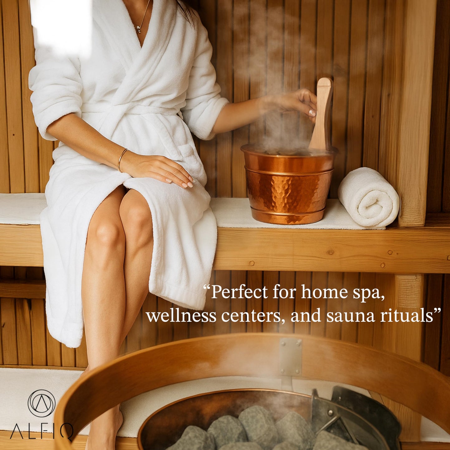 ALFIQ Hammered Copper Sauna Bucket & Ladle Set - Handcrafted Pure Copper Turkish Hammam Spa Accessory, Traditional Sauna Water Bucket with Wooden Handle, Polished Finish, Durable Artisan Design
