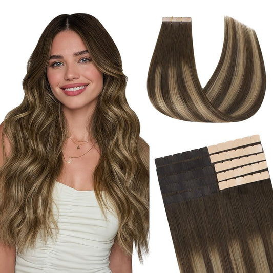 GOO GOO Tape in Hair Extensions, 4/27/4 Balayage Chocolate Brown to Caramel Blonde, 16inch 40g 10pcs, Mini Tape Cut to Fit, Skin Weft Seamless Invisible, Remy Human Hair
