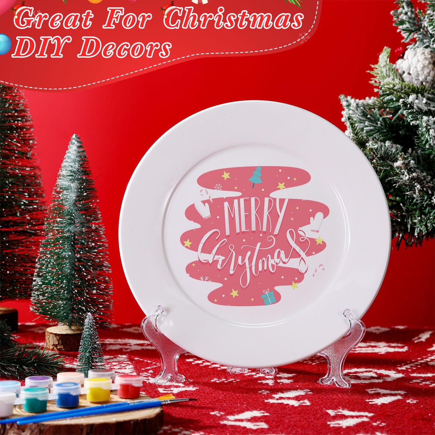 Affrolling Paint Your Own Porcelain Plates Ceramic Painting Kit Included 2 Pcs Porcelain Plates 2 Brushes 12 Paints 2 Stands Paint and 1 Pcs Color Palette, Pottery Kit for Adults(Round)