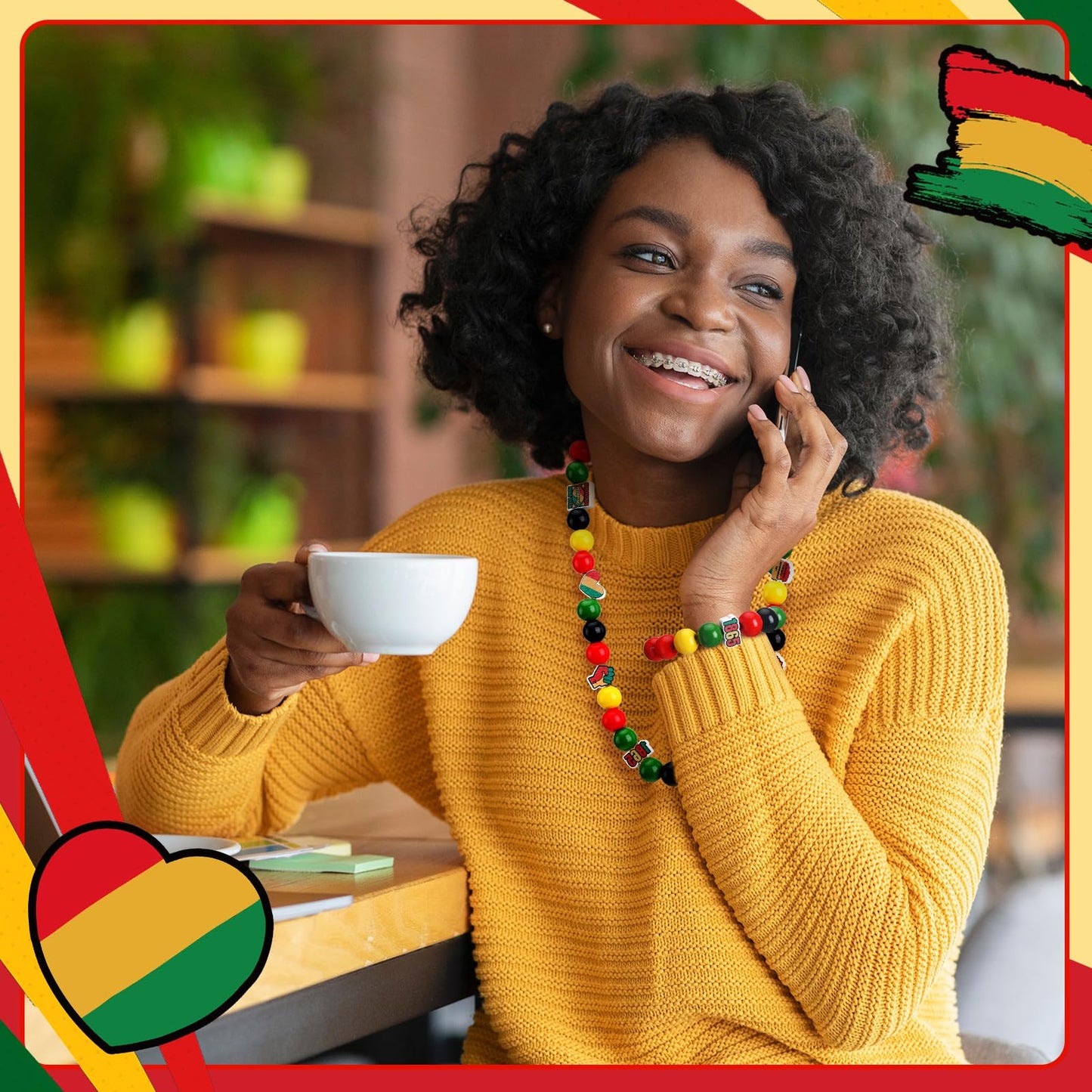 Waydress 200 Pcs Juneteenth Wooden Beads African Red Green Yellow Wood Beads Bulk 1865 Freedom Day Ball Ornaments with Hemp Rope for American Juneteenth Black History Month Home Party Decor DIY Crafts