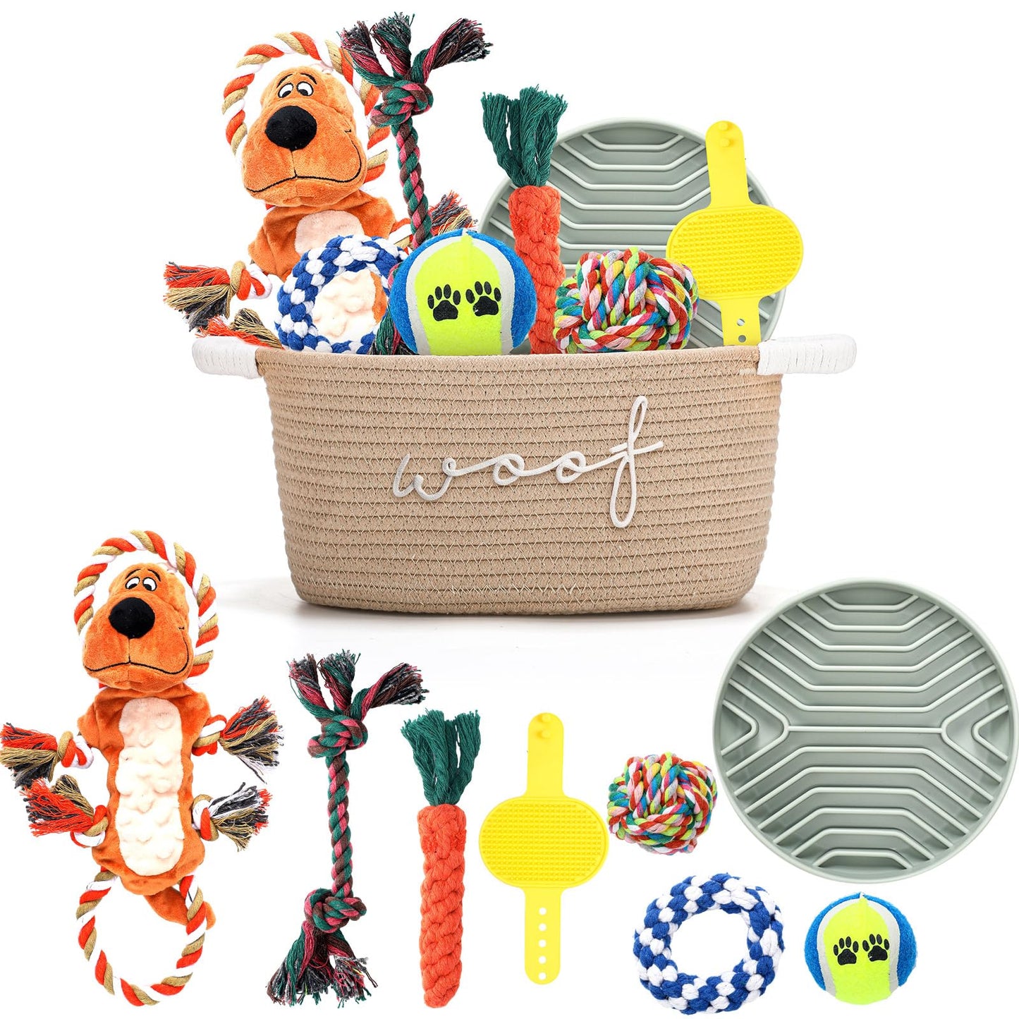 Abbylike New Puppy Gift Basket Puppy Starter Kit Dog Gift Storage Basket with Dog Toys Set Chew Toys Teething Interactive Squeaky Plush for Doggie Birthday Gifts and Pet Necessities