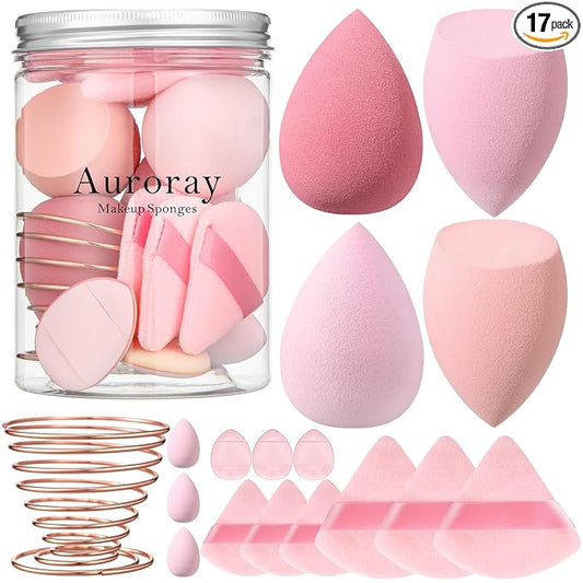 17PCS Makeup Sponge Set with 6PCS Powder Puff, 3PCS Mini Makeup Sponges, 3PCS Foundation Mini Make Up Sponge Puff and 1PCS Make Up Sponges Holder (Pink)