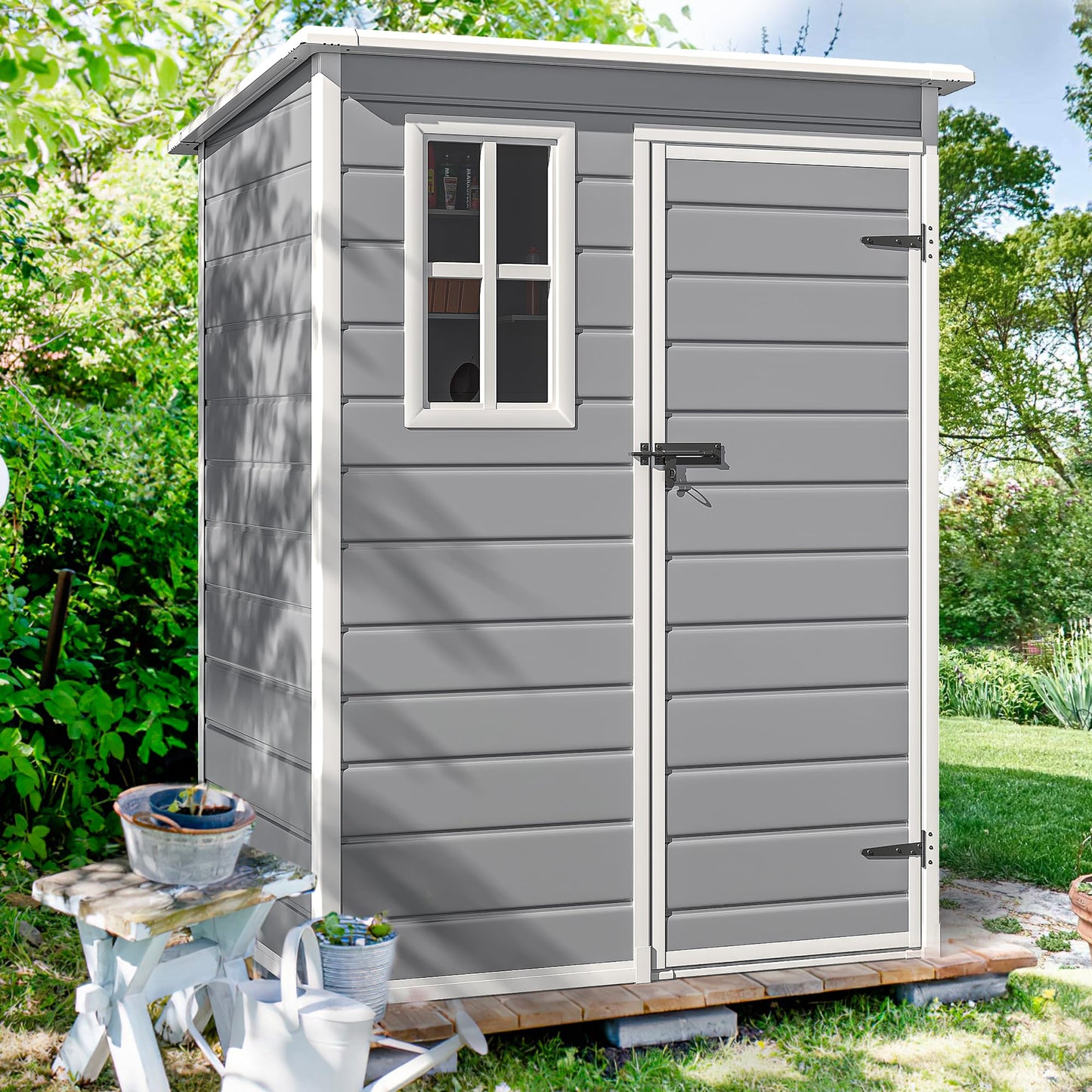 DWVO 5x3 FT Outdoor Storage Shed with Reinforced Floor, All-Weather Resin Storage Shed with Lockable Door & Window, Waterproof Plastic Tool Storage for Garden, Backyard, Patio, Lawn
