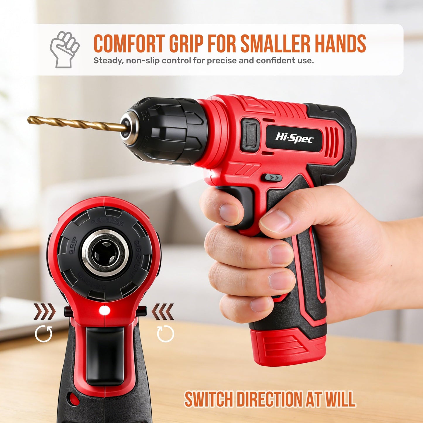Hi-Spec 8V USB Power Drill Driver Screw Drill Bit Set. Cordless & Rechargeable Electric Drill Driver with Wall Hanging Kit,Red