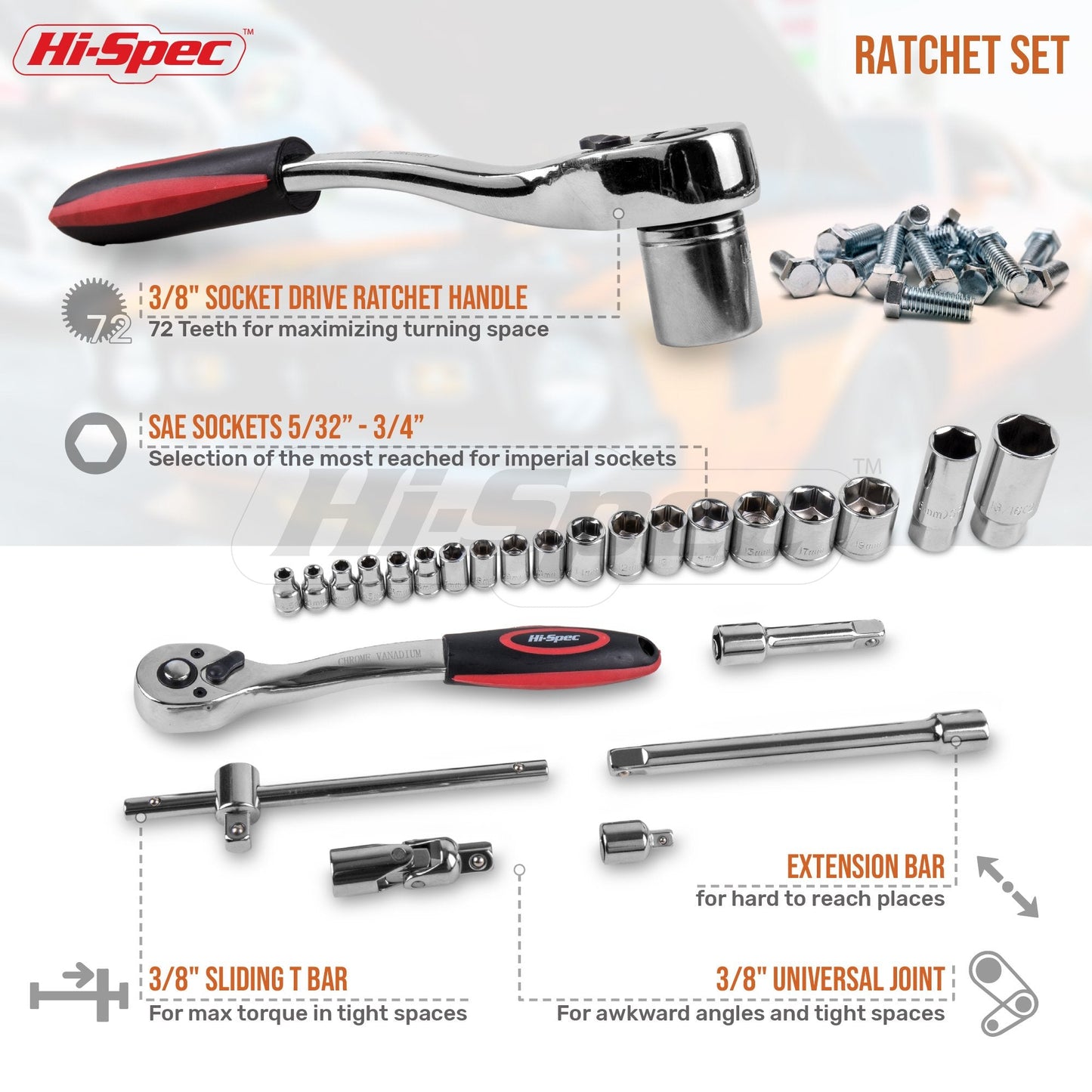 Hi-Spec Tools 67pc SAE Auto Mechanics Hand Tool Kit Set. Complete Car, Motorcycle, Engine & Garage Repairs with Sockets, Ratchet Wrench, Pliers & More