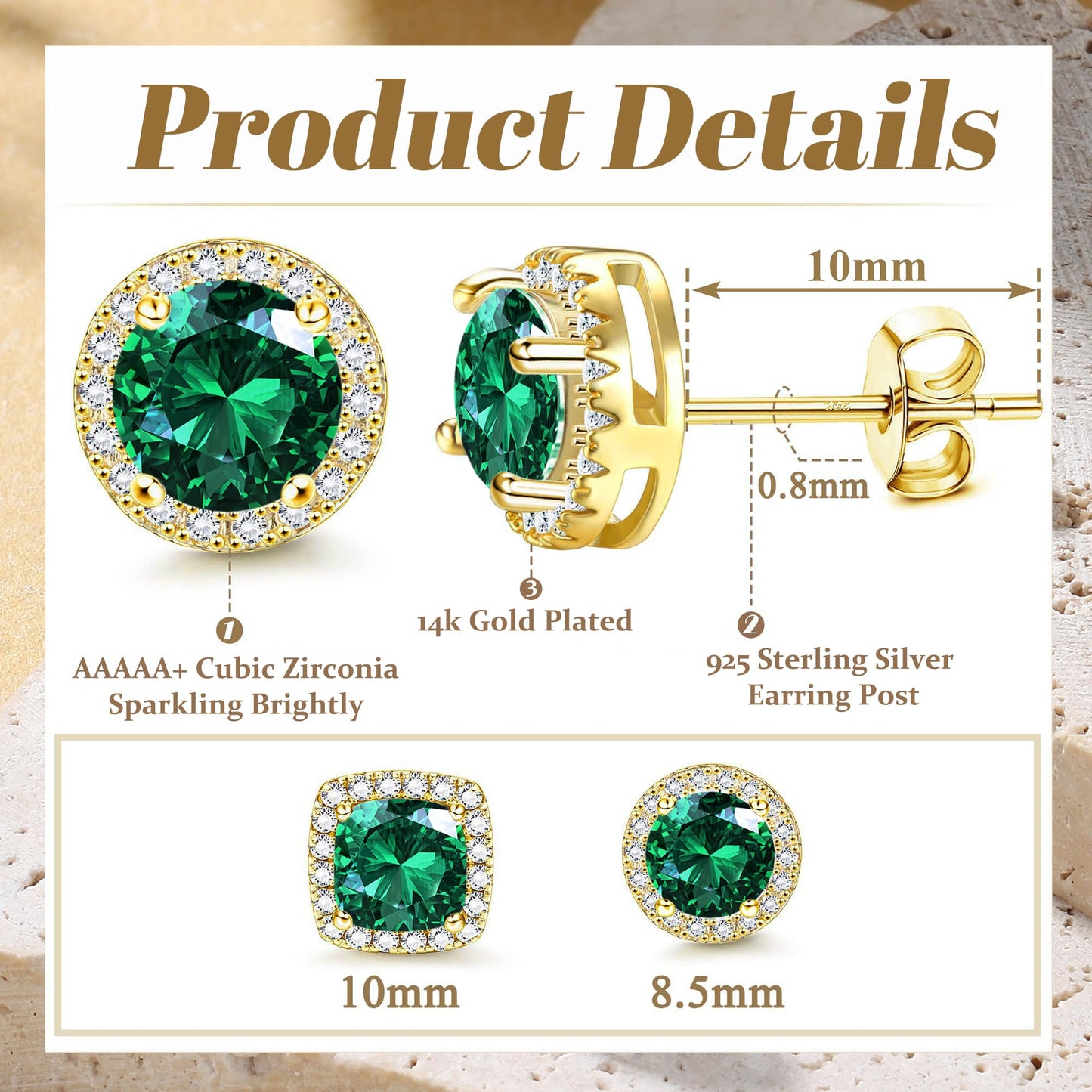 Hayoso Cubic Zirconia Stud Earrings for Women Men Sterling Silver Earring Post Hypoallergenic 14k Gold Plated Round&Square Earrings Gold&Green