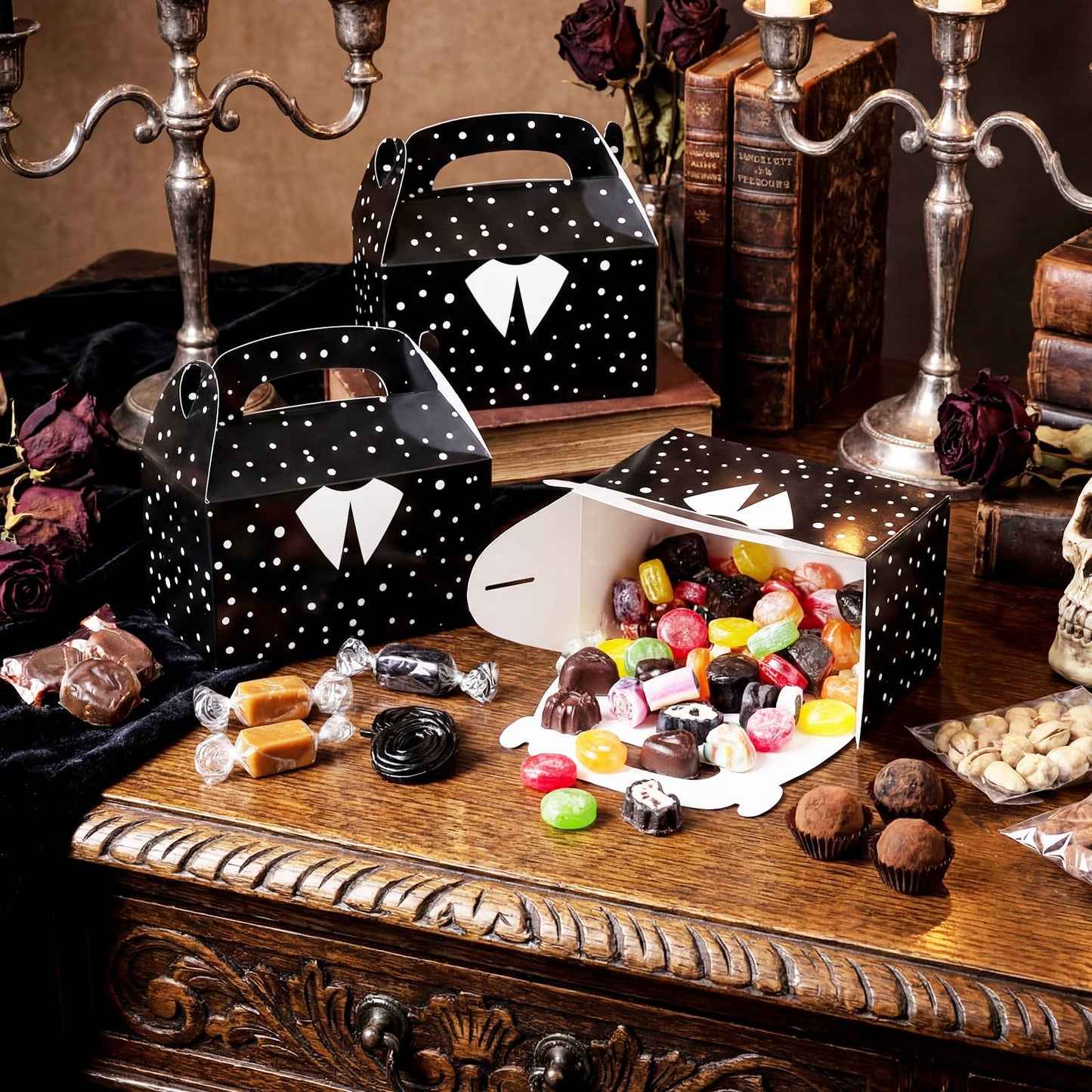 Gilprop 24 Pcs Gothic Party Favors Bulk Gothic Treat Box with Handles Black and White Birthday Party Favor Goodie Gift Boxes for Goth Spooky Themed Celebration Birthday Supplies