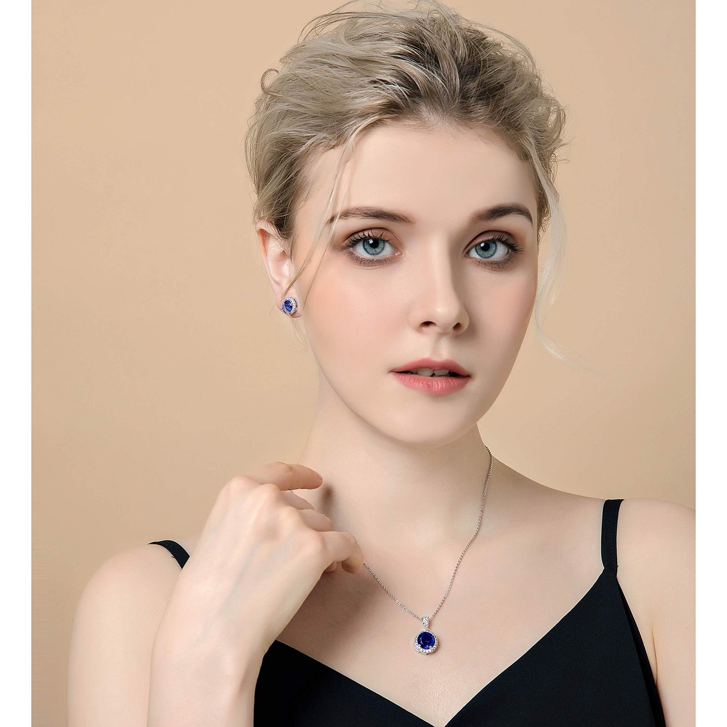 Jewelry Set for Women Blue - Silver Round Cut Crystal Navy Blue Sapphire Rhinestone Necklace Earrings Set September Birthstone Jewelry Pop Style for Lady Party Prom Birthday Jewelry Accessories