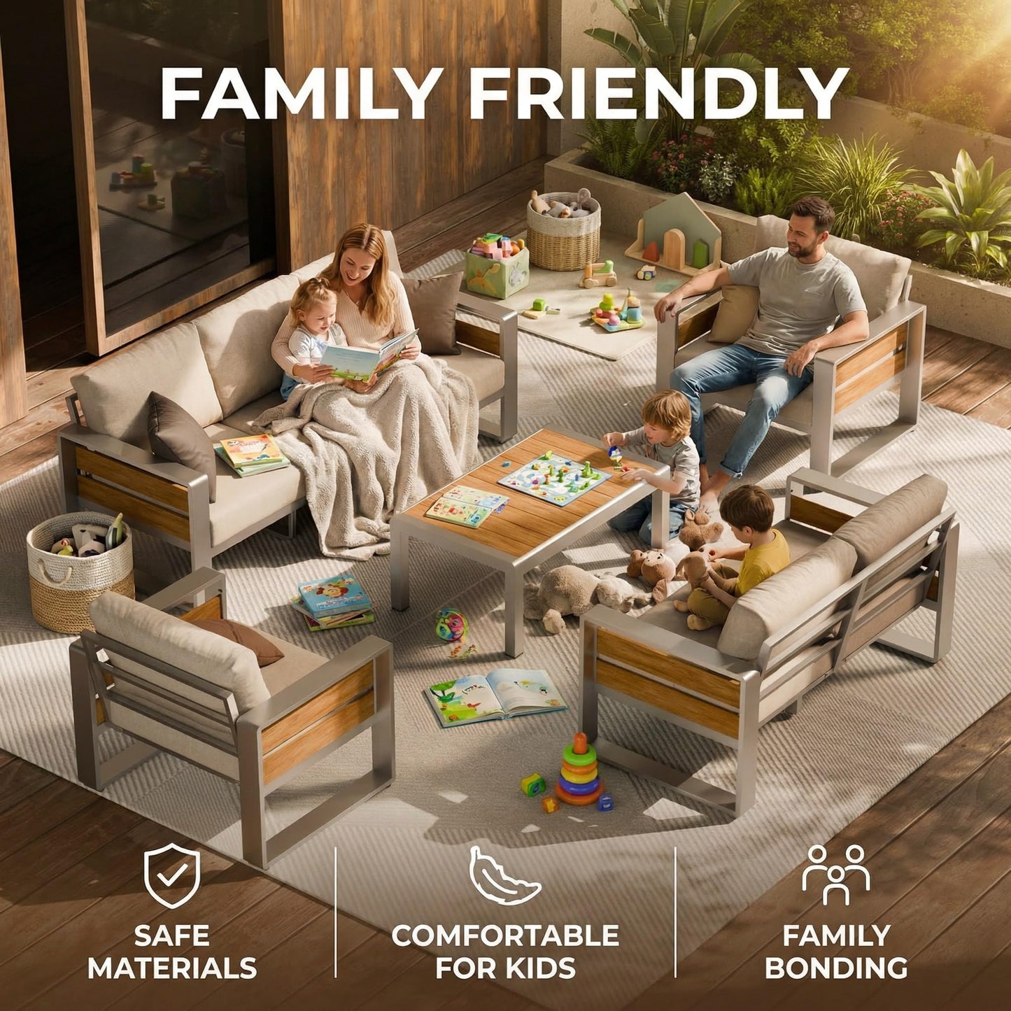 ZANDOR Aluminum Outdoor Patio Conversation Furniture Set, 5 PCS Metal Modern Outside Sectional Lawn Furniture with Coffee Table & Washable Thick Cushions,Seating Sofa for Garden/Backyard/Porch Silver