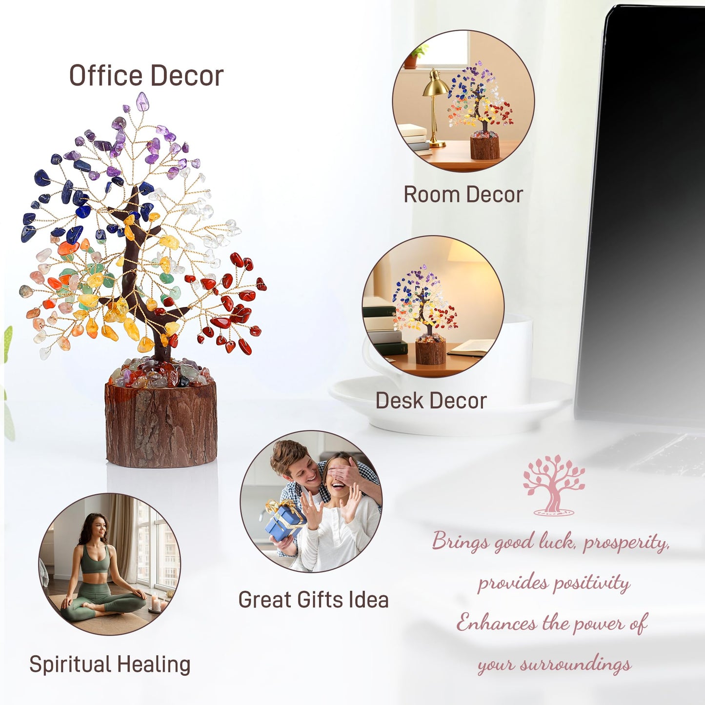 QINJIEJIE Tiger Eye Crystal Tree of Life Decor Tiger Eye Stone Healing Gifts Gemstones Tree Spiritual Crystal Gifts for Room Office Desk Decor New Home House Warming Gift Unique