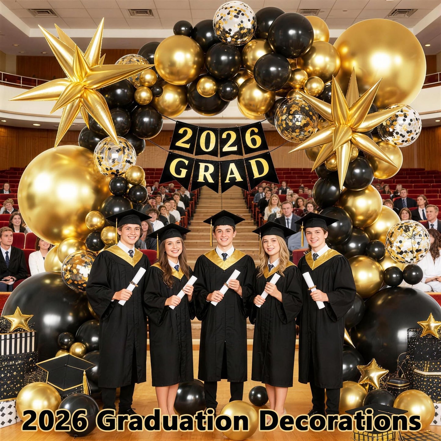KARLURE Black and Gold Balloons Arch Kit with Star Balloons for Graduation Decorations 2026 Class Prom Retirement Grad Party Decor Men Birthday Masquerade Anniversary Party Decorations