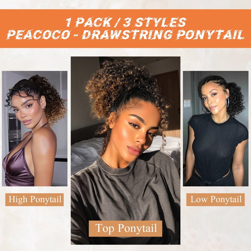 PEACOCO Curly Drawstring Ponytail for Black Women, 10 Inch Kinky Curly Ponytail Extension Synthetic Short Afro Puff Ponytail Hairpieces (1B/30)
