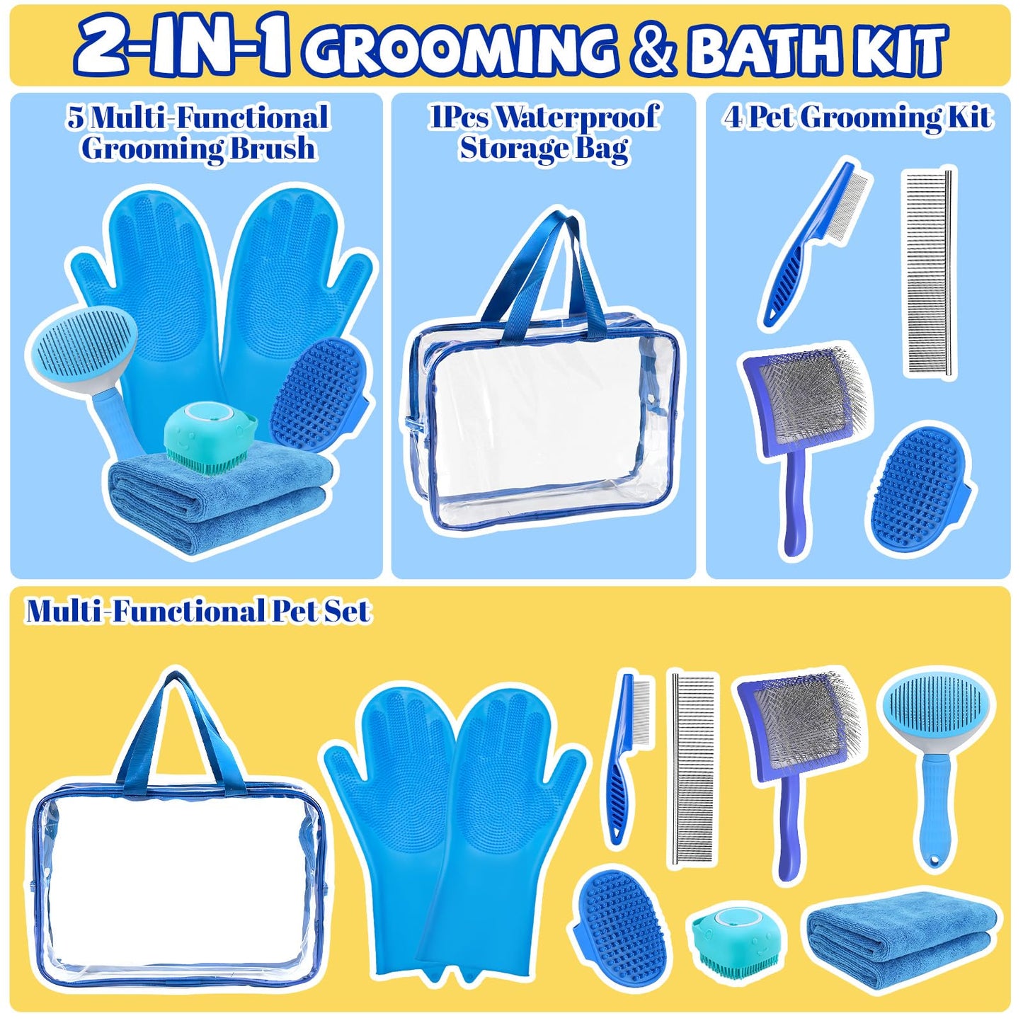 8PCS Dog Slicker Brush for Dogs Grooming Kit,Bath Grooming Kit for Pets,Hair Brush Set with Towel,Washing Gloves,Slicker Comb,and Shampoo Scrubber Brush for Small and Large Dogs and Cats(Blue)