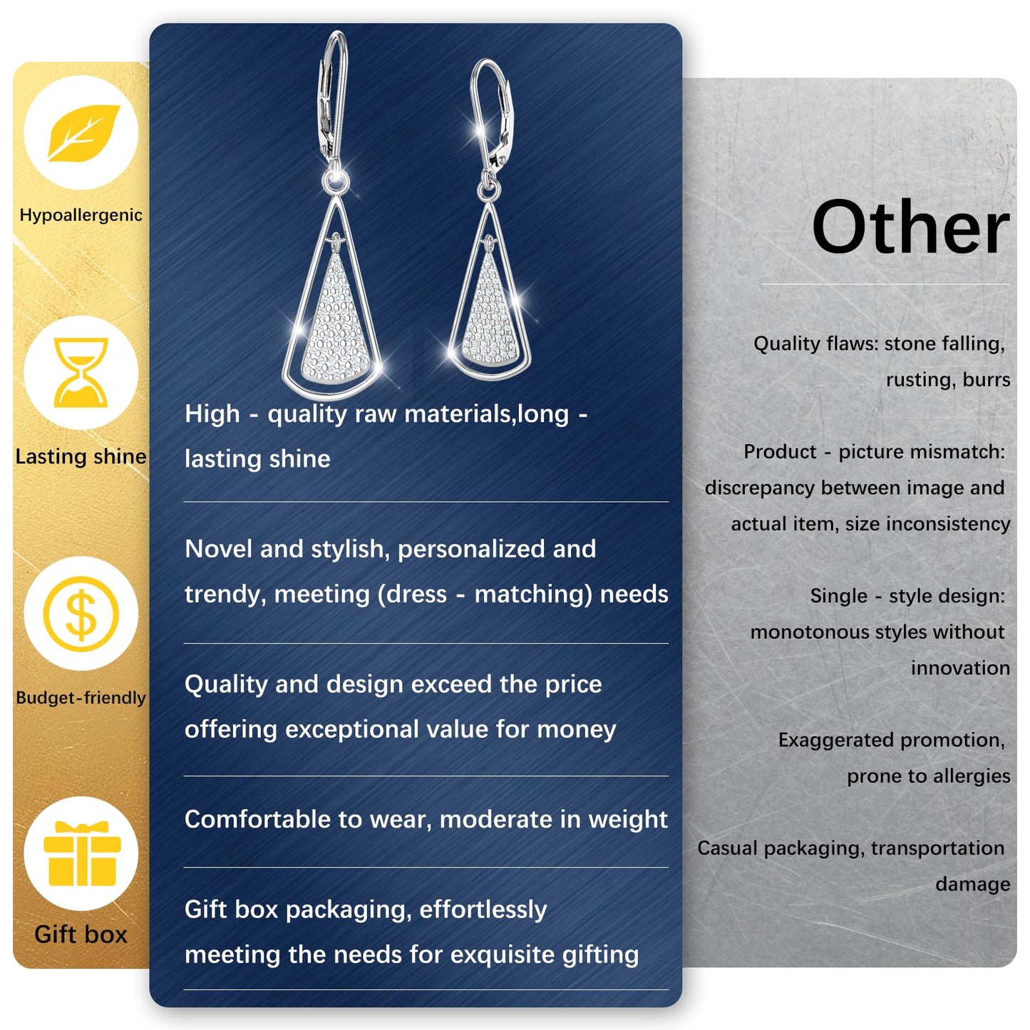 Hypoallergenic Silver Leverback Earrings for Women, Sparkly Teardrop Dangle Earrings, Lightweight, Tarnish-Resistant, Nickel-Free, Perfect for Work, Parties & Gifts