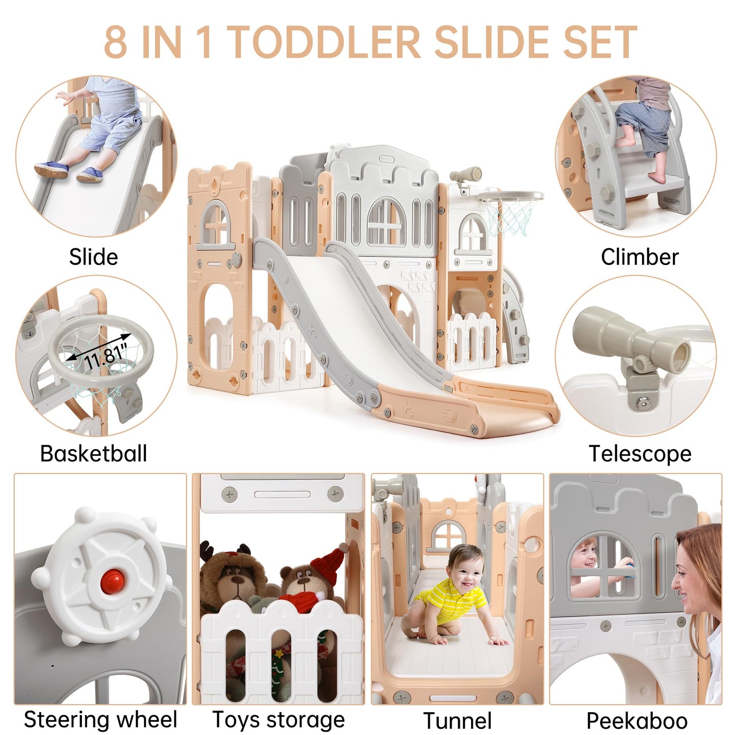 Toddler Slide 8 in 1 Toddler Playset for Toddlers Age 1-3, Baby Playset for Indoor Outdoor Playground with Climber, Crawling Tunnel, Basketball Hoop, Telescope, Toy Storage