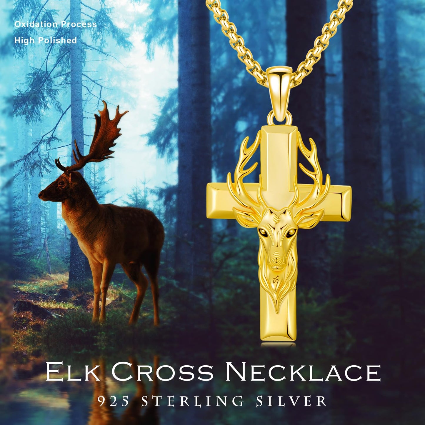 YEESIA Cross Necklace for Men Women, 925 Sterling Silver Gold Deer Cross Pendant Necklace, Christian Jewelry for Men Women
