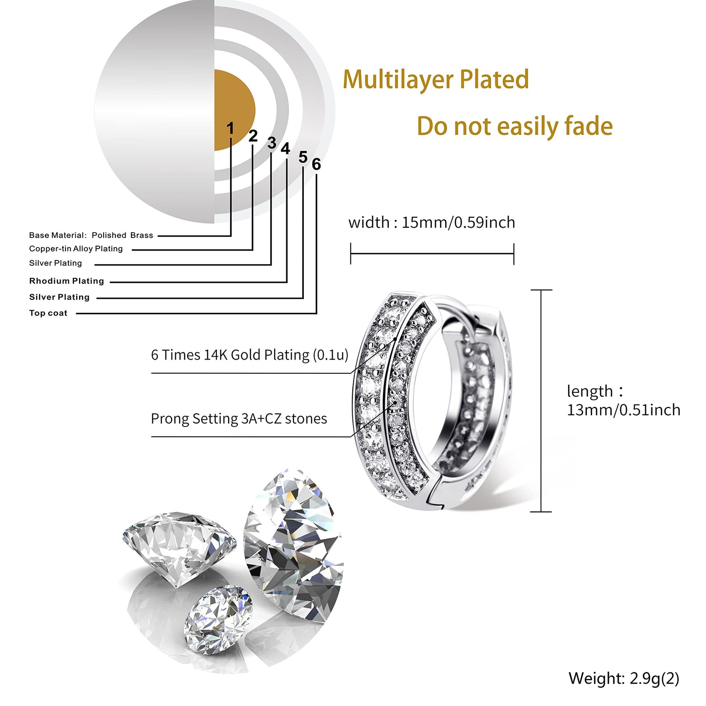 TOPGRILLZ Iced Out Hoop Earrings Cubic Zirconia Huggie Cartilage Cuff Hypoallergenic 14K Gold Plated Luxury Fashion Round Circle Earrings For Men Women-18Silver