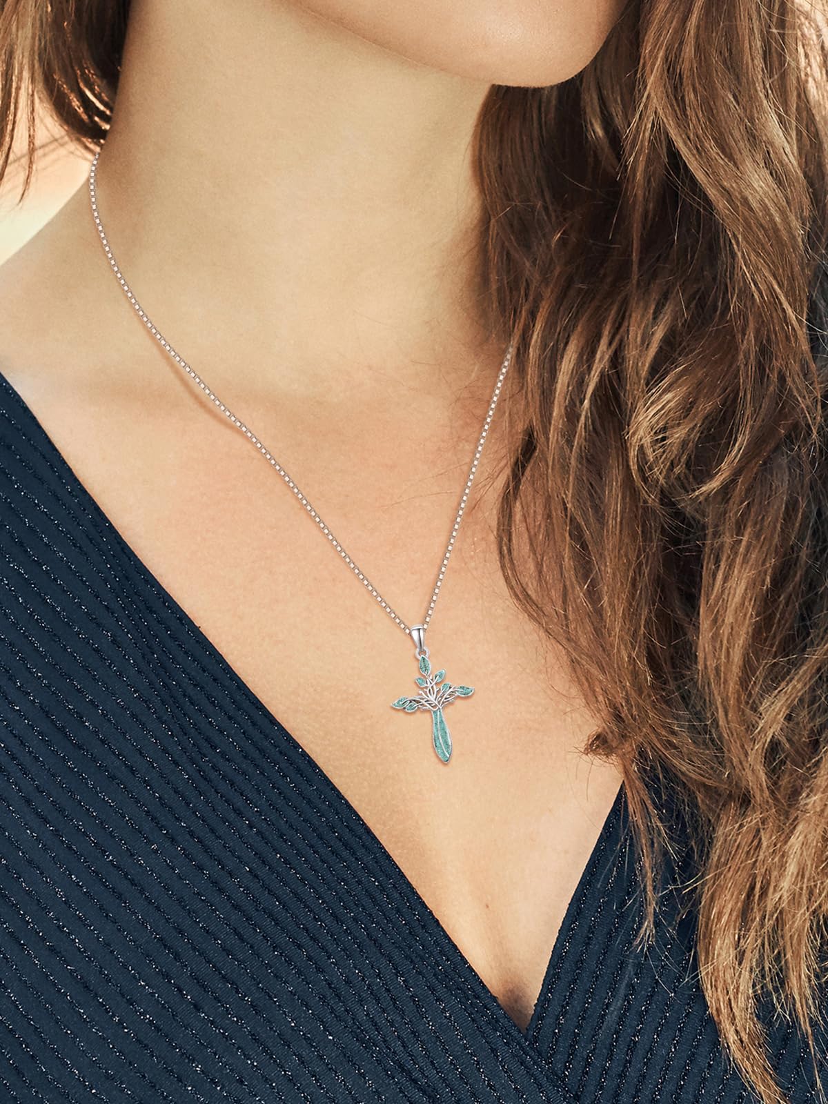 Dreamboat Turquoise Cross Necklace for Women Sterling Silver Cross Pendant Tree of Life Necklace Abalone Shell Faith Confirmation Gifts Christian Religious Jewelry for Mom
