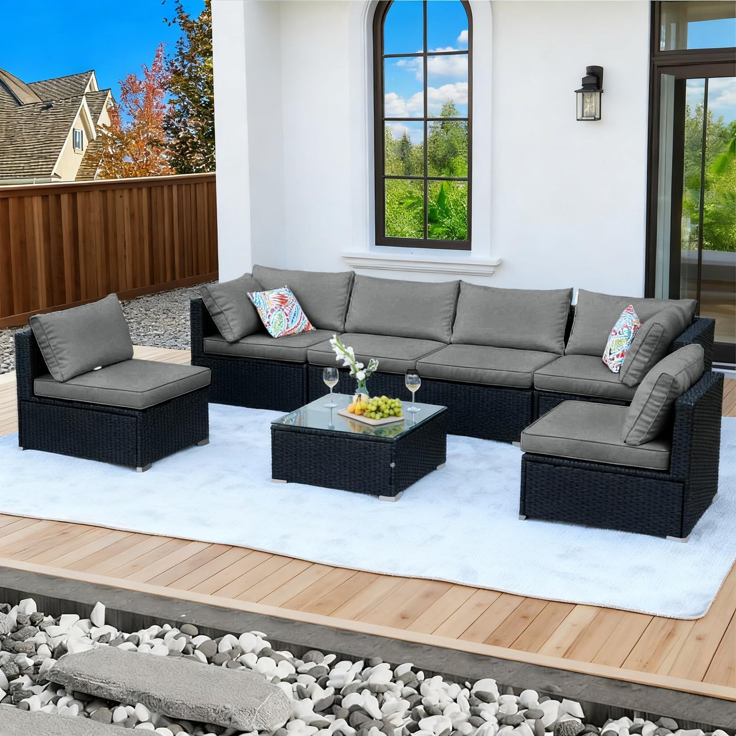 ZJEYEJZ 7 Pieces Patio Furniture Set - All-Weather Outdoor Wicker Sectional Conversation Sofa, Rattan Patio Seating Sofa Set with Cushion and Glass Table for Porch Poolside, Black/Grey